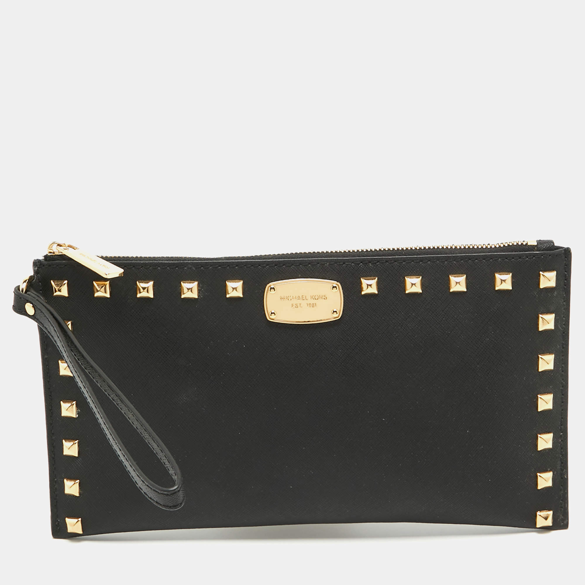 Pre Owned MICHAEL Michael Kors Black Leather Studded Logo Wristlet Pouch