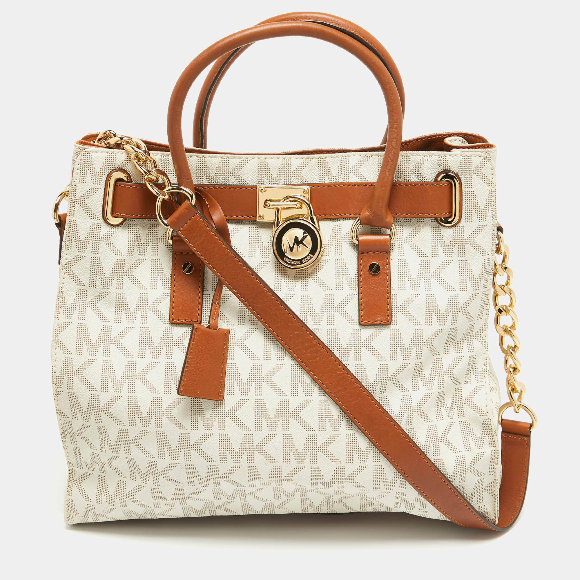 Pre Owned MICHAEL Michael Kors Brown/White Signature Coated Canvas Large Hamilton North South Tote