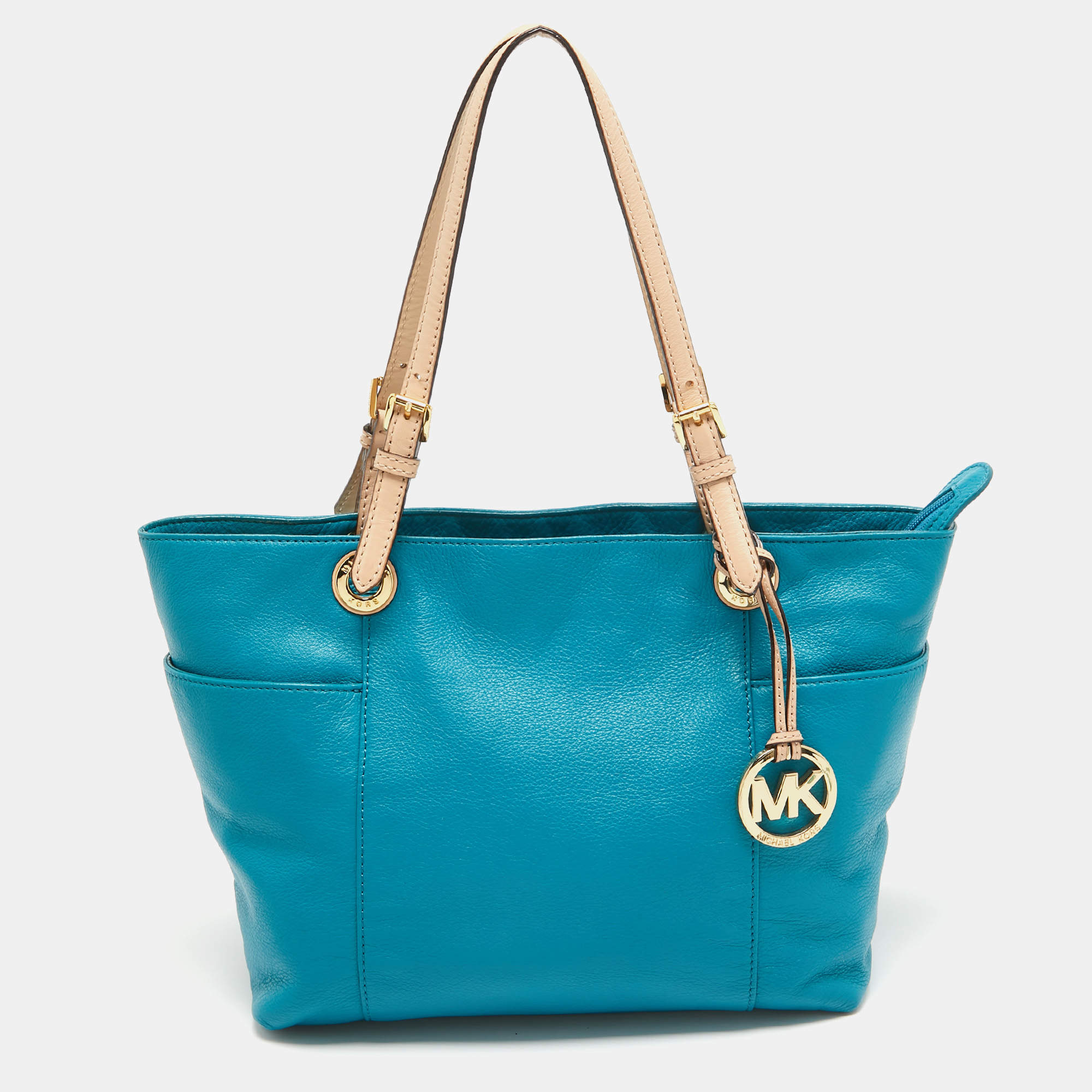 MICHAEL Michael Kors Teal Blue/Beige Leather Jet Set Tote