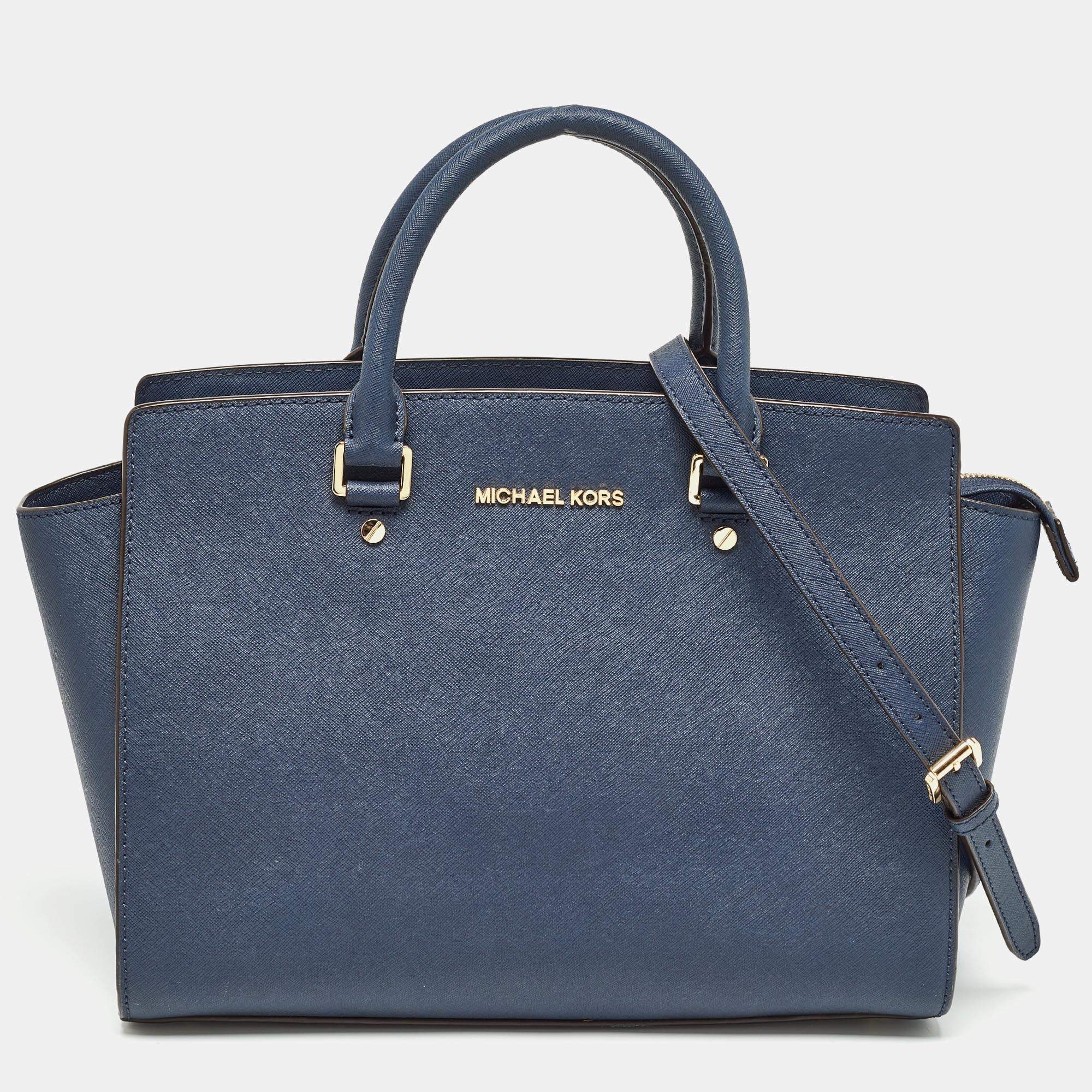 Pre Owned MICHAEL Michael Kors Dark Blue Leather Large Selma Satchel