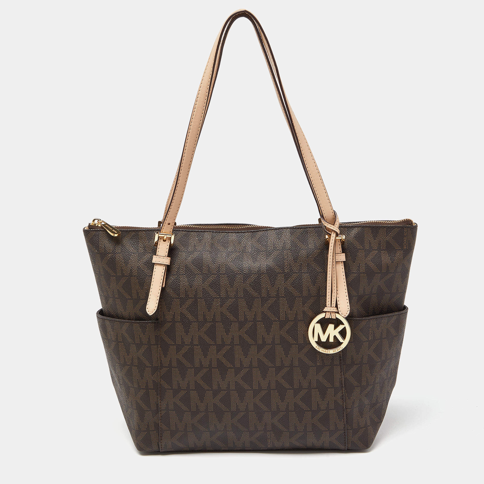 Pre Owned MICHAEL Michael Kors Brown Signature Coated Canvas and Leather East West Zip Tote
