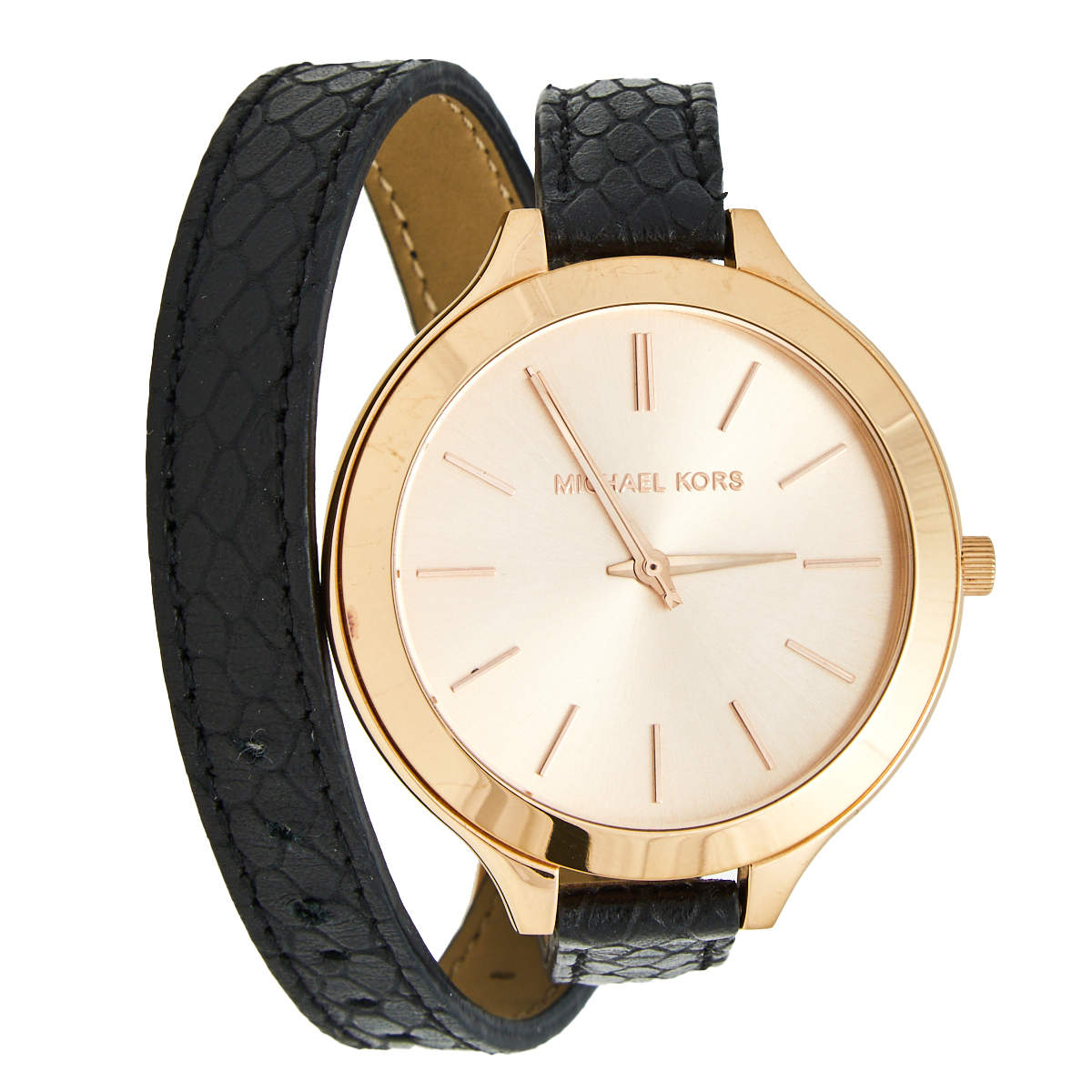 Pre Owned Michael Kors Champagne Rose Gold Plated Stainless Steel Leather Slim Runway MK2322 Woman's Wristwatch 42 mm