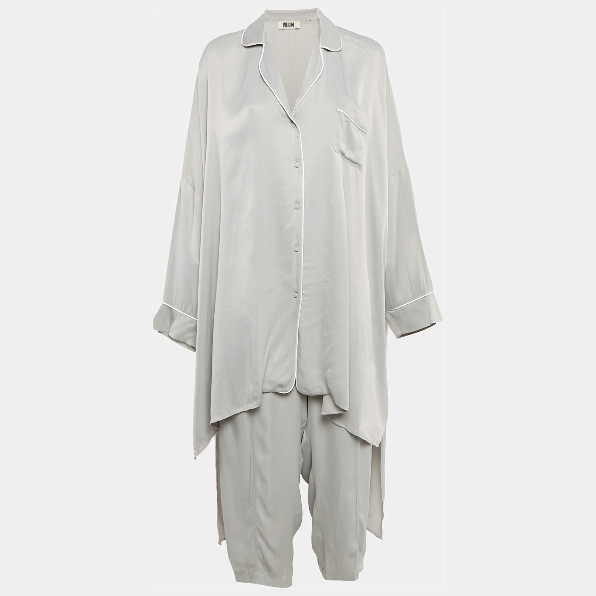 Miin Grey Crepe Shirt Dress and Pants Set M