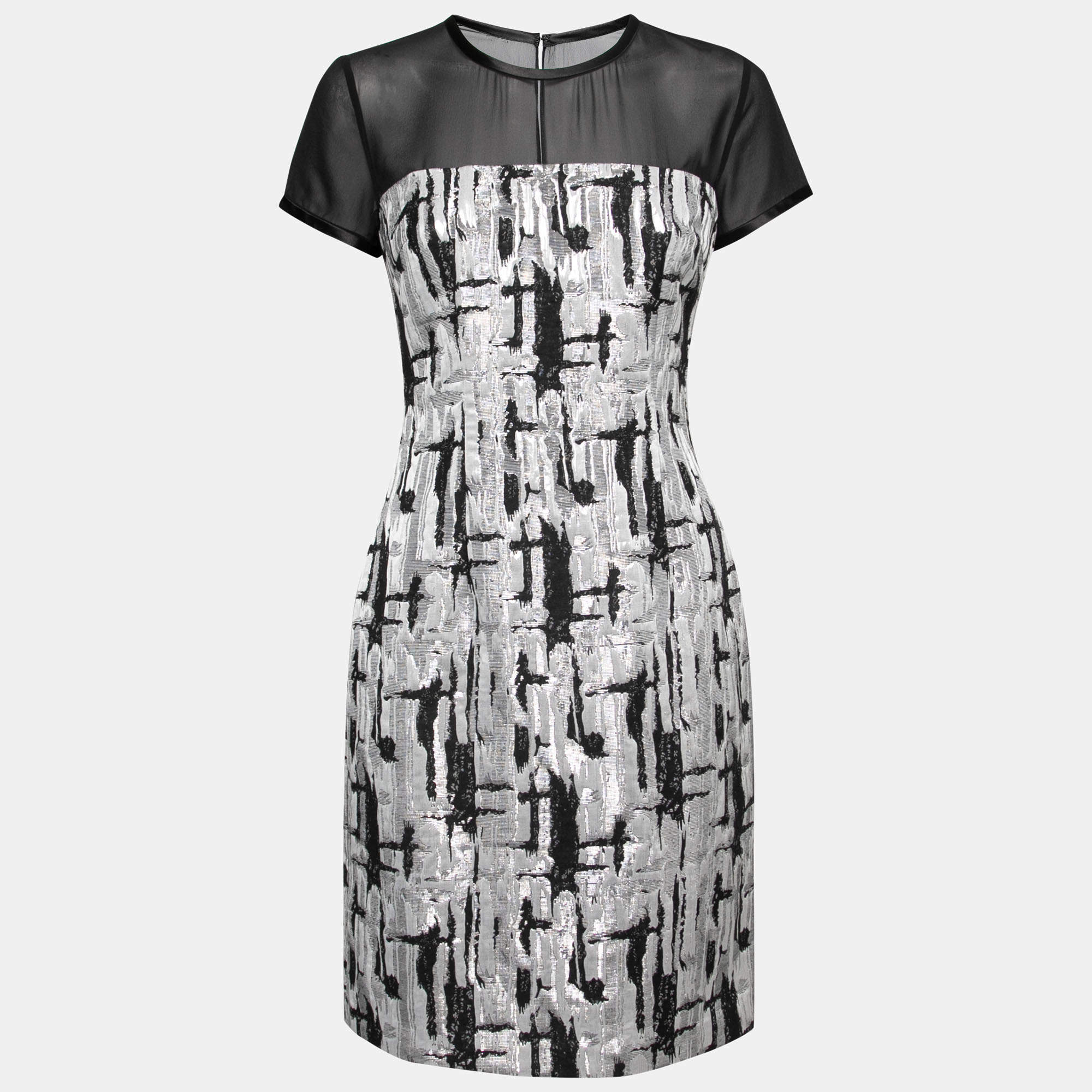 Mikael Aghal Black and Silver Textured Jacquard Dress S 