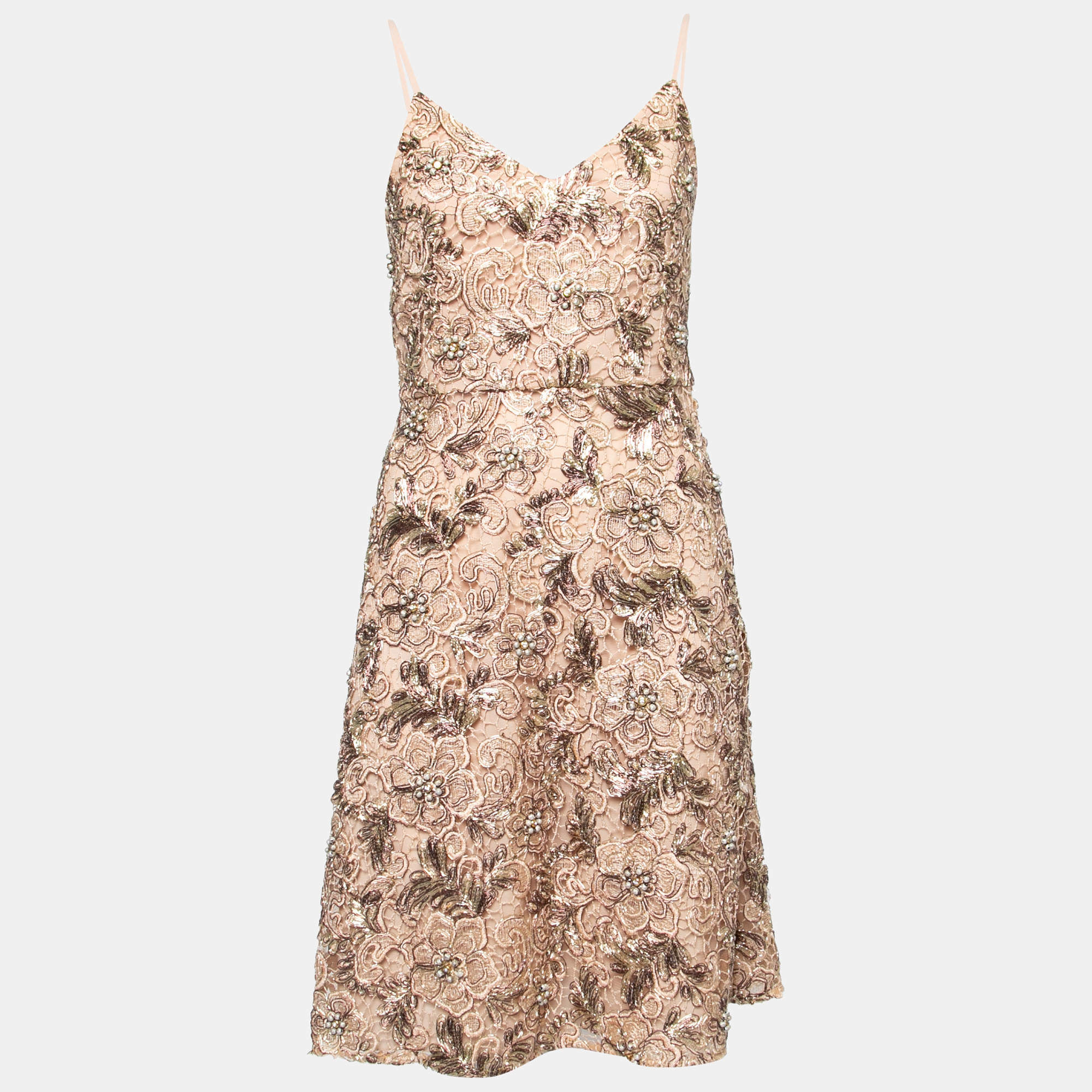 Mikael Aghal Gold Embellished Lace Cocktail Dress S