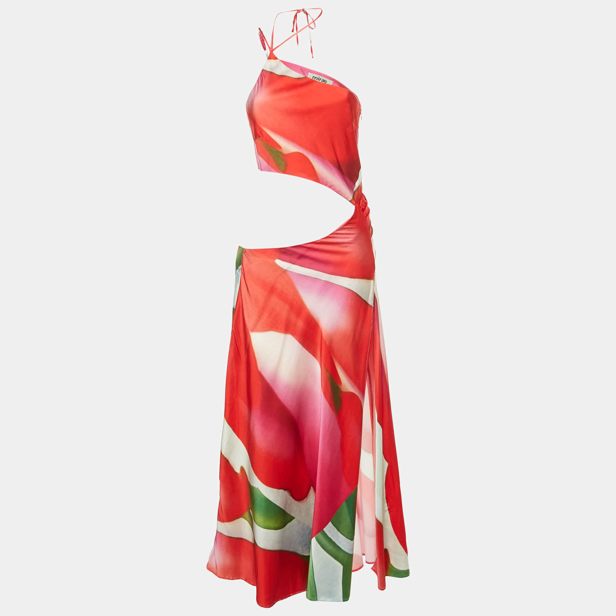مملوكة مسبقًا Mirae Multicolor Printed Satin Cu-Out Ocean Tulip Dress S