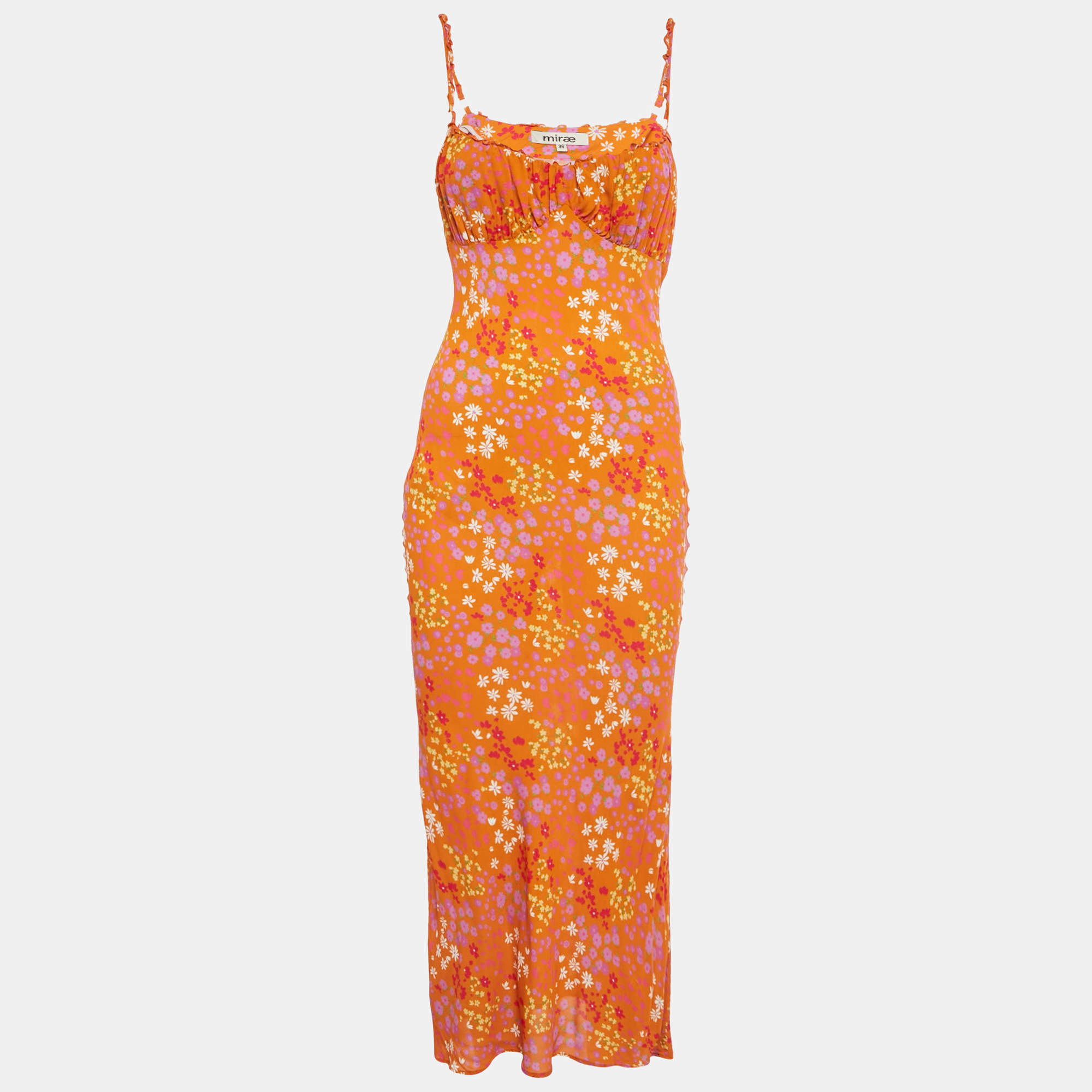 مملوكة مسبقًا Mirae Orange Floral Print Crepe Florae Midi Dress S