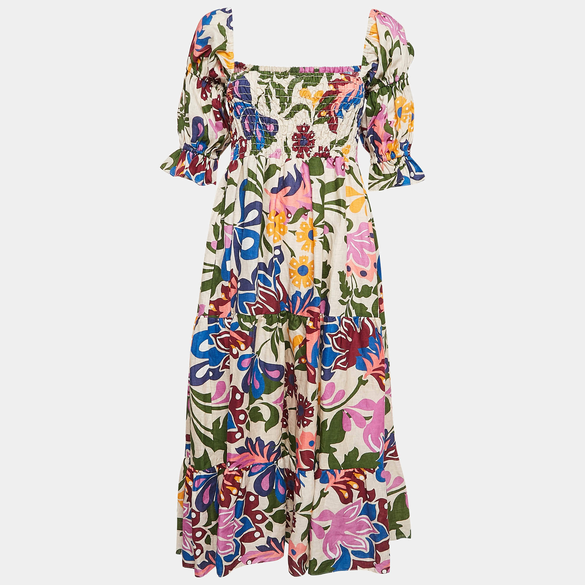 Pre Owned Misa Los Angeles Multicolored Floral Print Linen Tiered Yolanda Midi Dress S