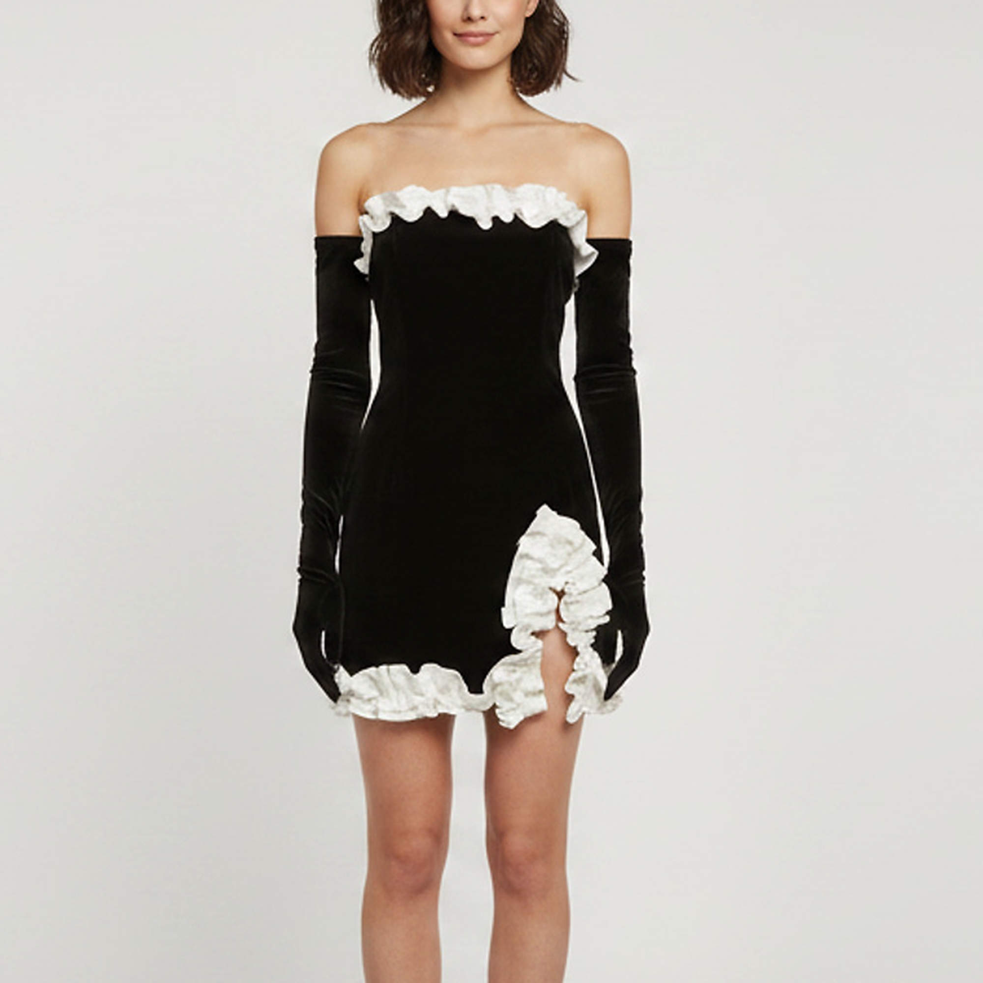 Pre Owned MISCREANTS Black Velvet Strapless Ruffle Trim Mini Dress S