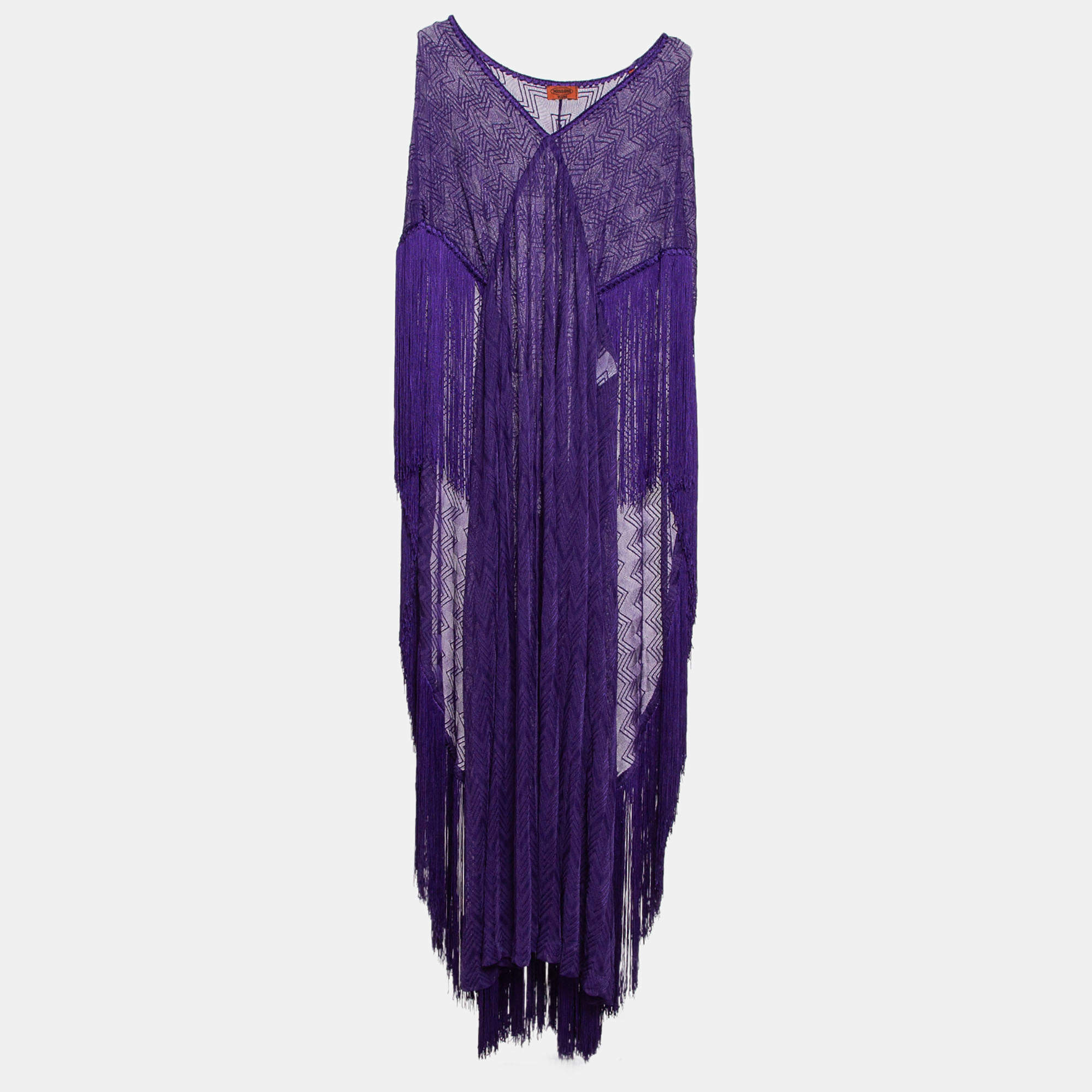 Pre Owned Missoni Mare Purple Chevron Pattern Knit Fringed Maxi Cover Up Dress M