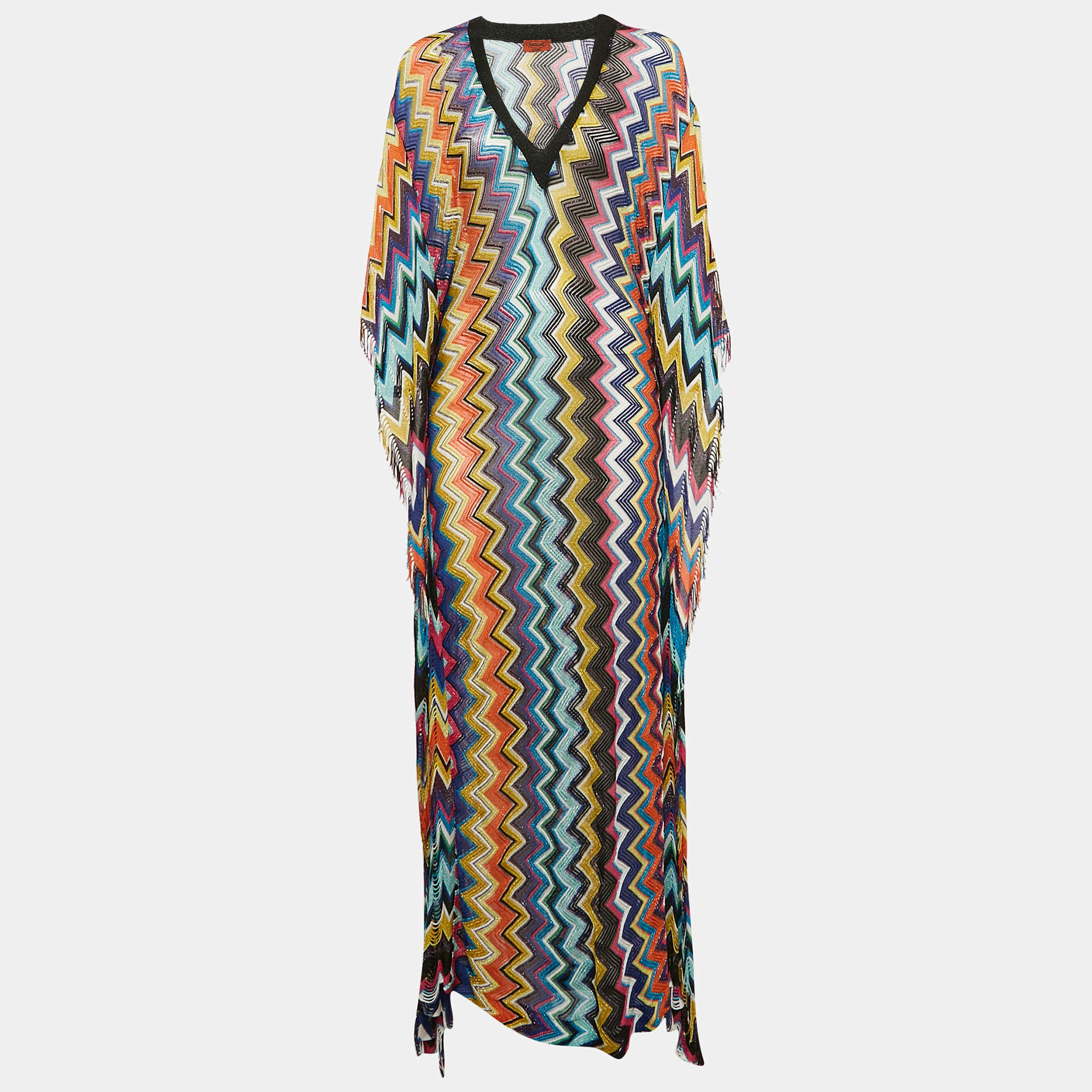 Pre Owned Missoni Mare Multicolor Chevron Lurex Knit Fringed Cover-Up Kaftan Maxi Dress M