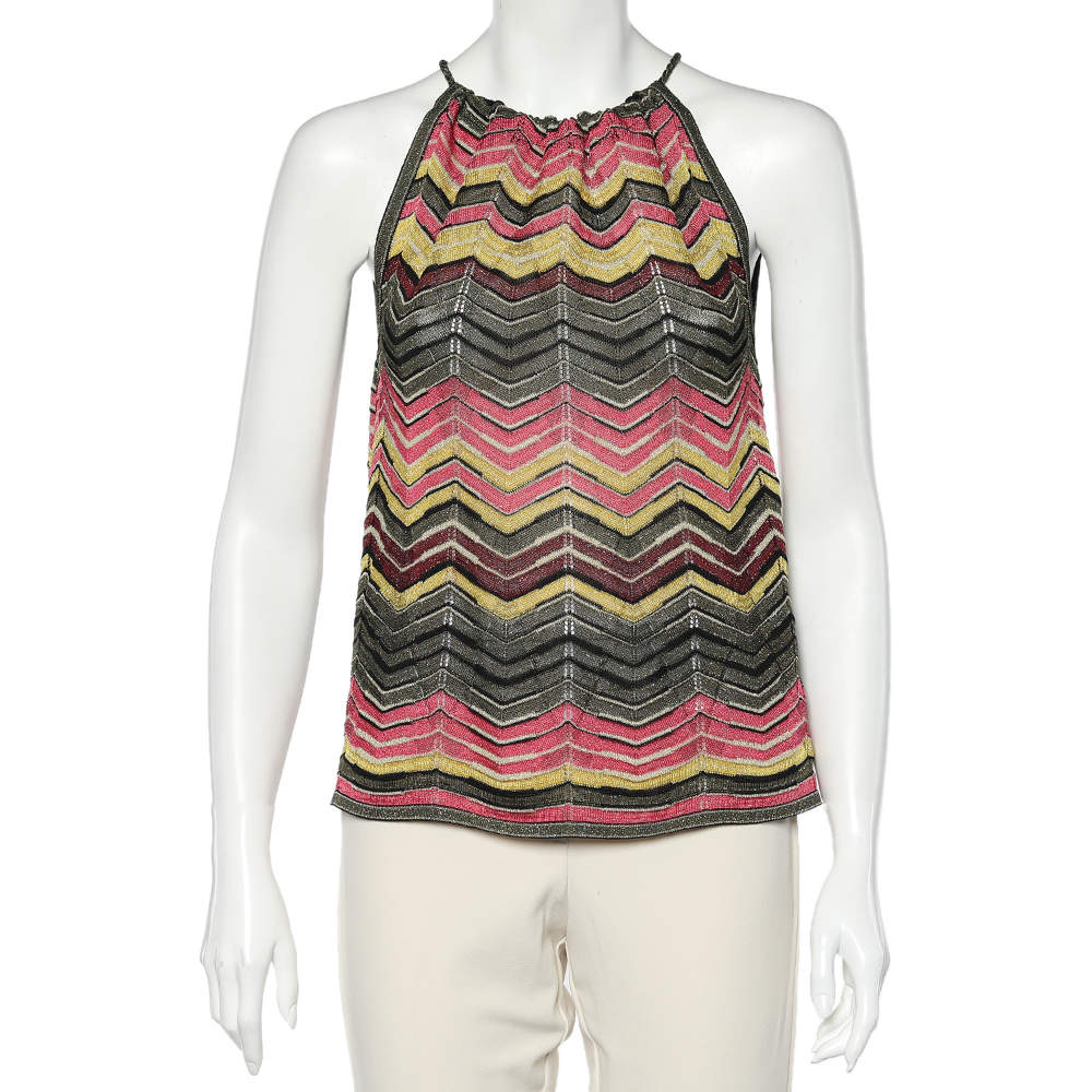 Pre Owned M Missoni Multicolor Patterned Lurex Knit Neck Tie Detail Sleeveless Top S