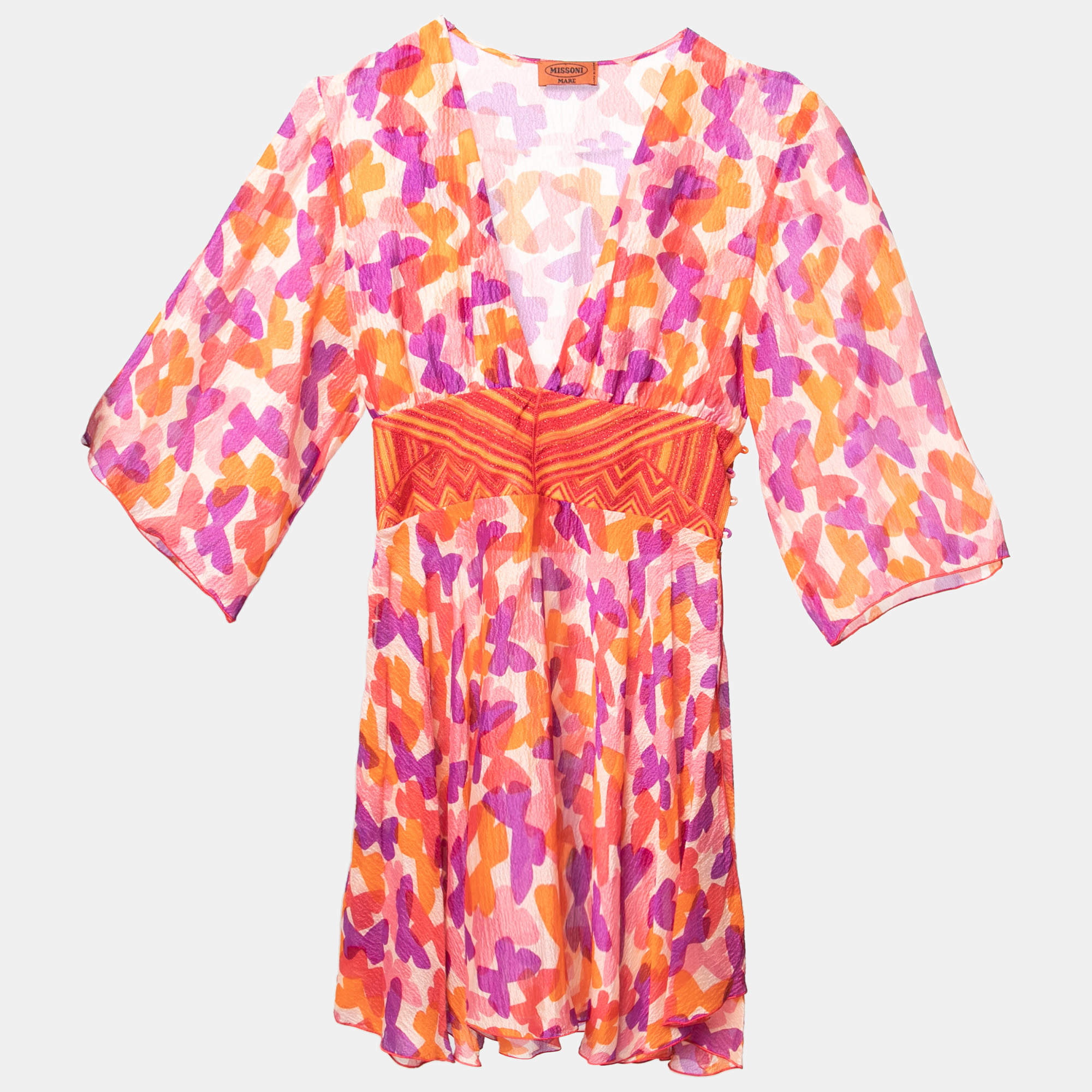 Pre Owned Missoni Mare Multicolored Printed Silk & Knit V-Neck Dress S