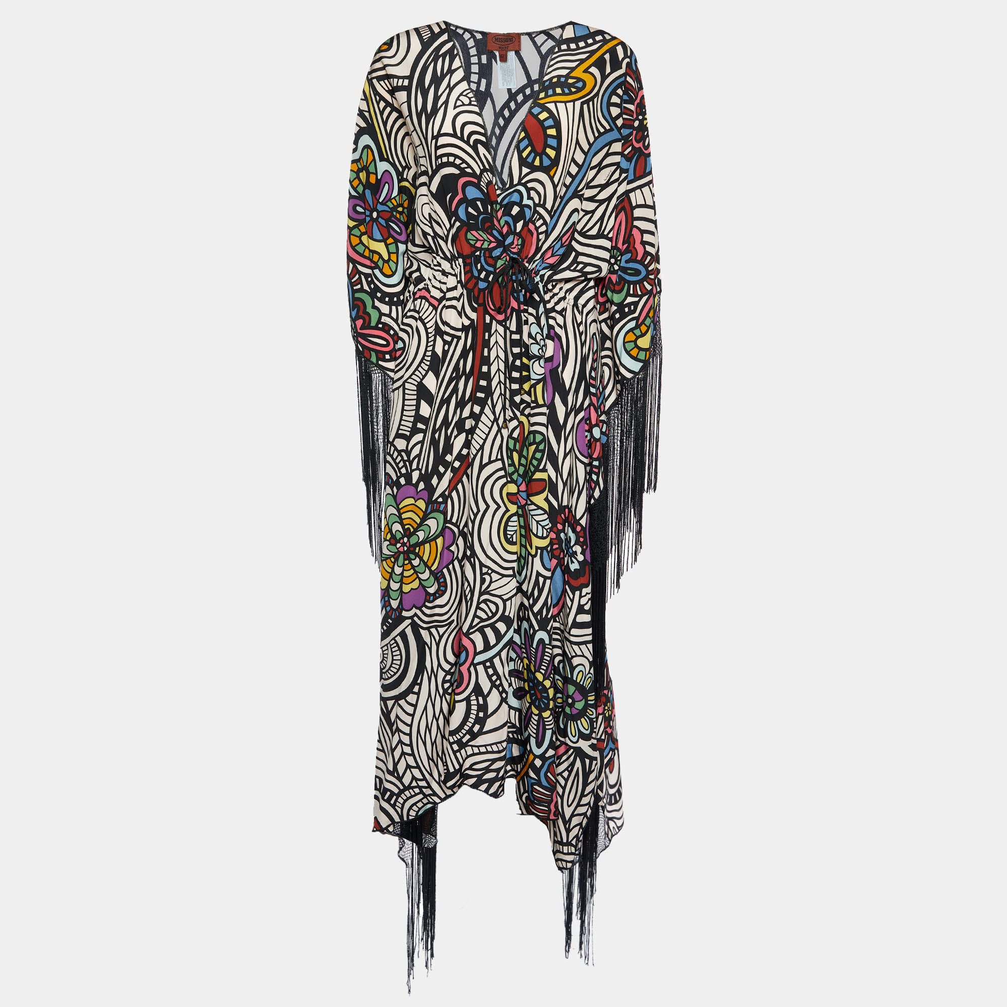 Pre Owned Missoni Mare Multicolor printed Silk & Crochet Fringe Detail kaftan Maxi Dress M