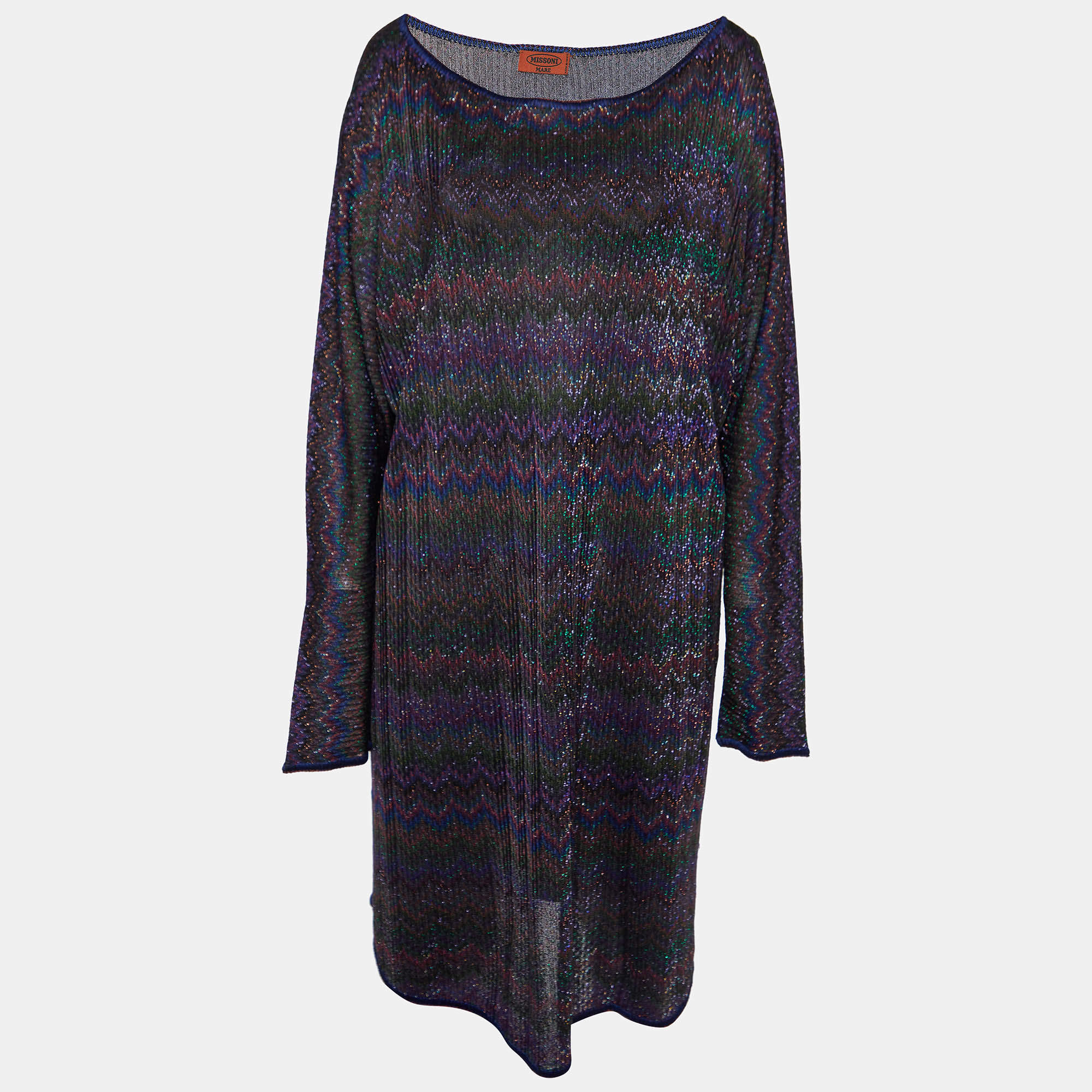 Pre Owned Missoni Mare Multicolor Chevron Lurex Knit Long Sleeve Dress L