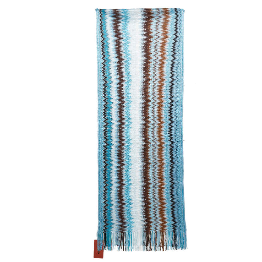Pre Owned Missoni Blue Zig Zag Knit Fringed Scarf