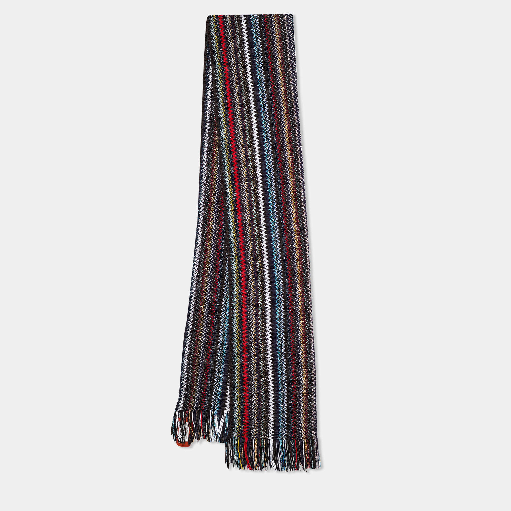 Pre Owned Missoni Black Striped Lurex Knit Fringed Stole