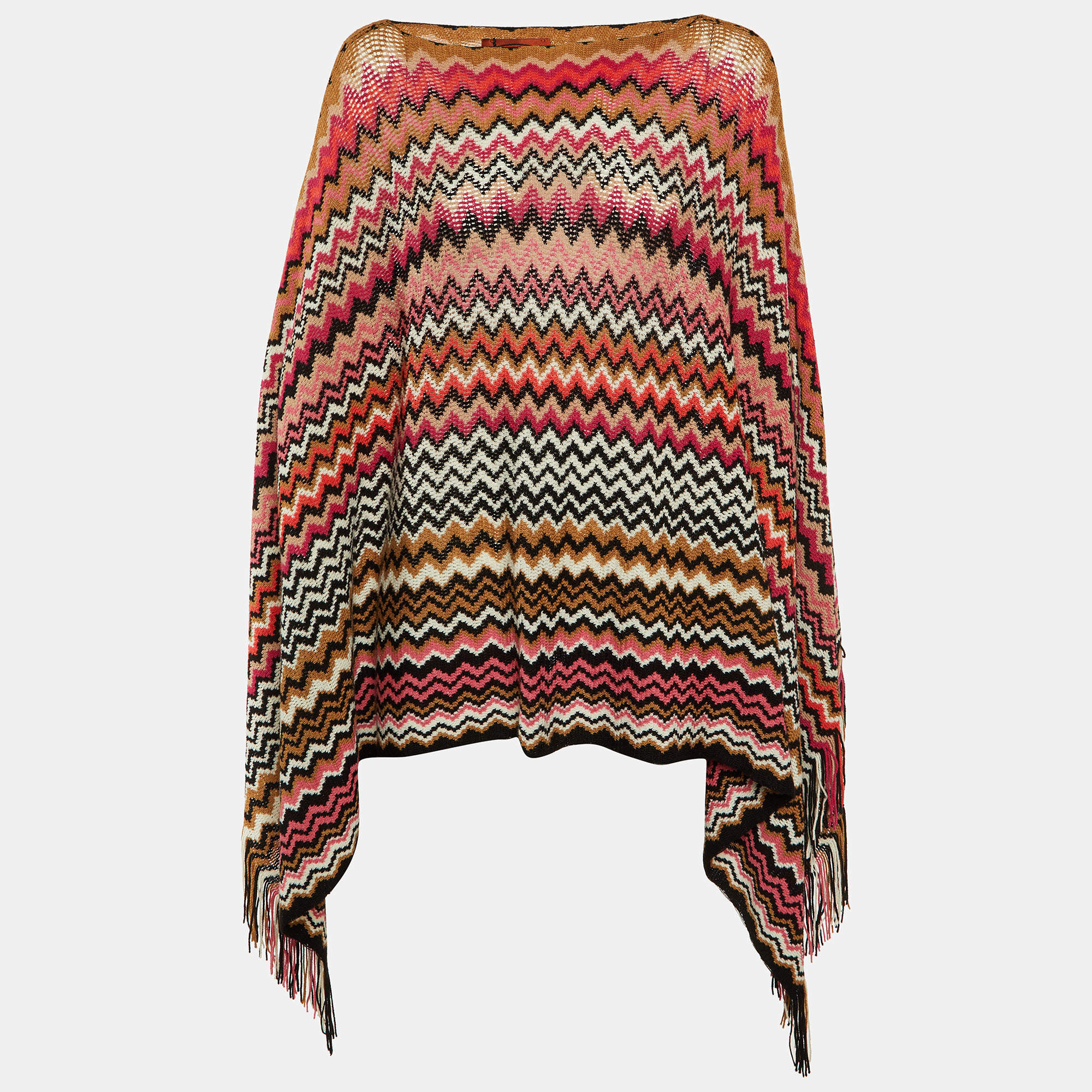 Pre Owned Missoni Multicolor Chevron Knit Fringed Poncho One Size