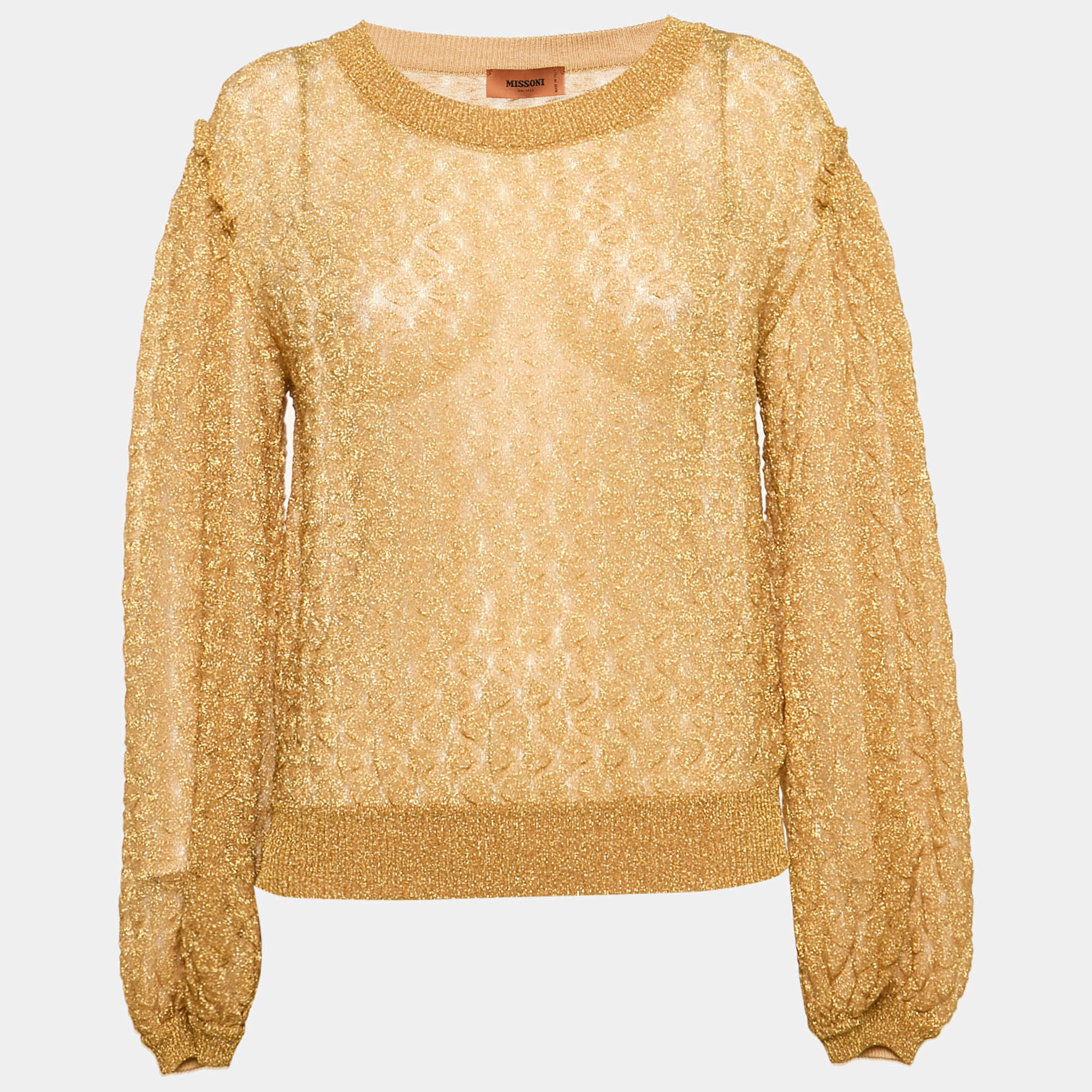 Pre Owned Missoni Gold Lurex Knit Textured Knit Crewneck Sweatshirt M