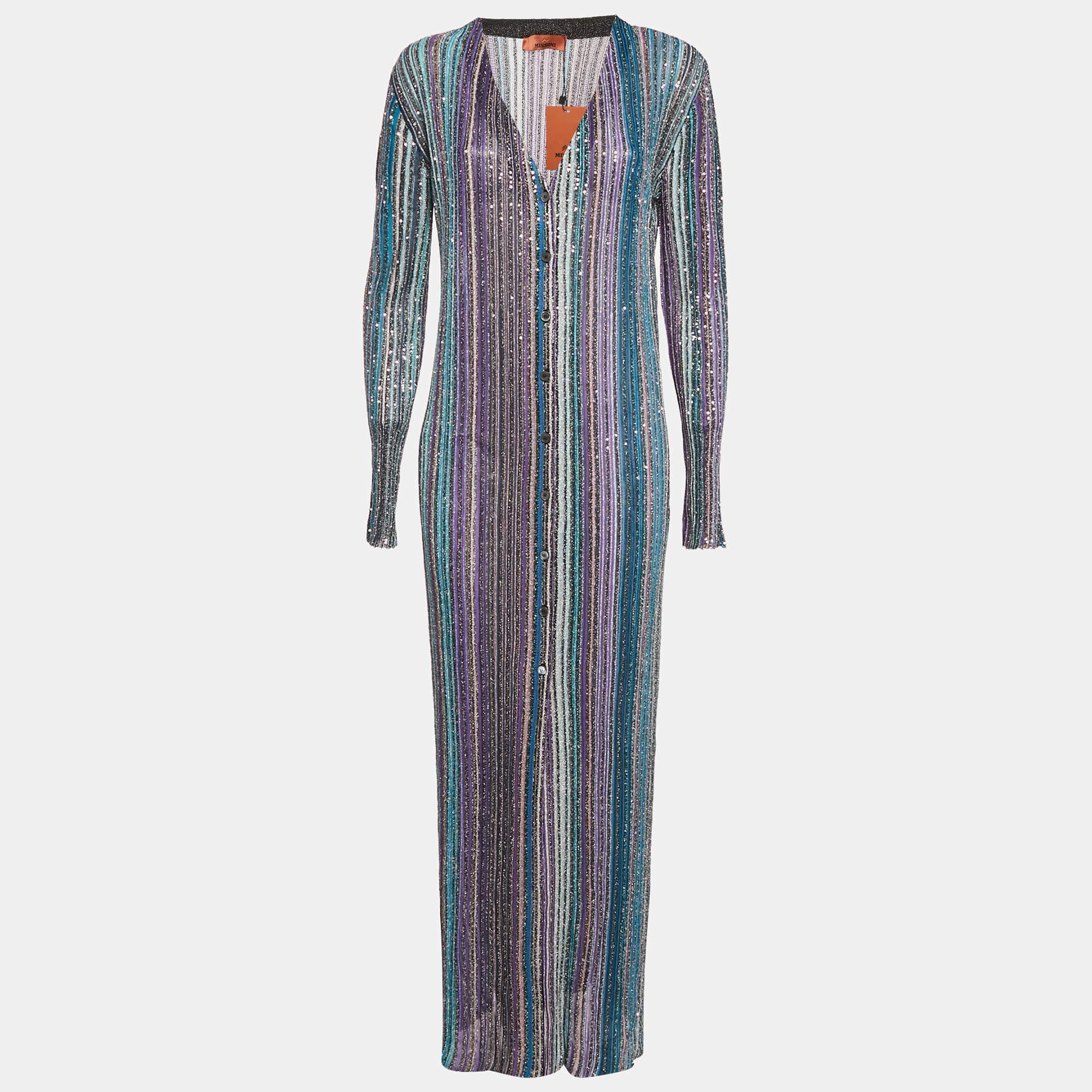 Missoni Blue Sequined Lured Knit Long Cardigan L