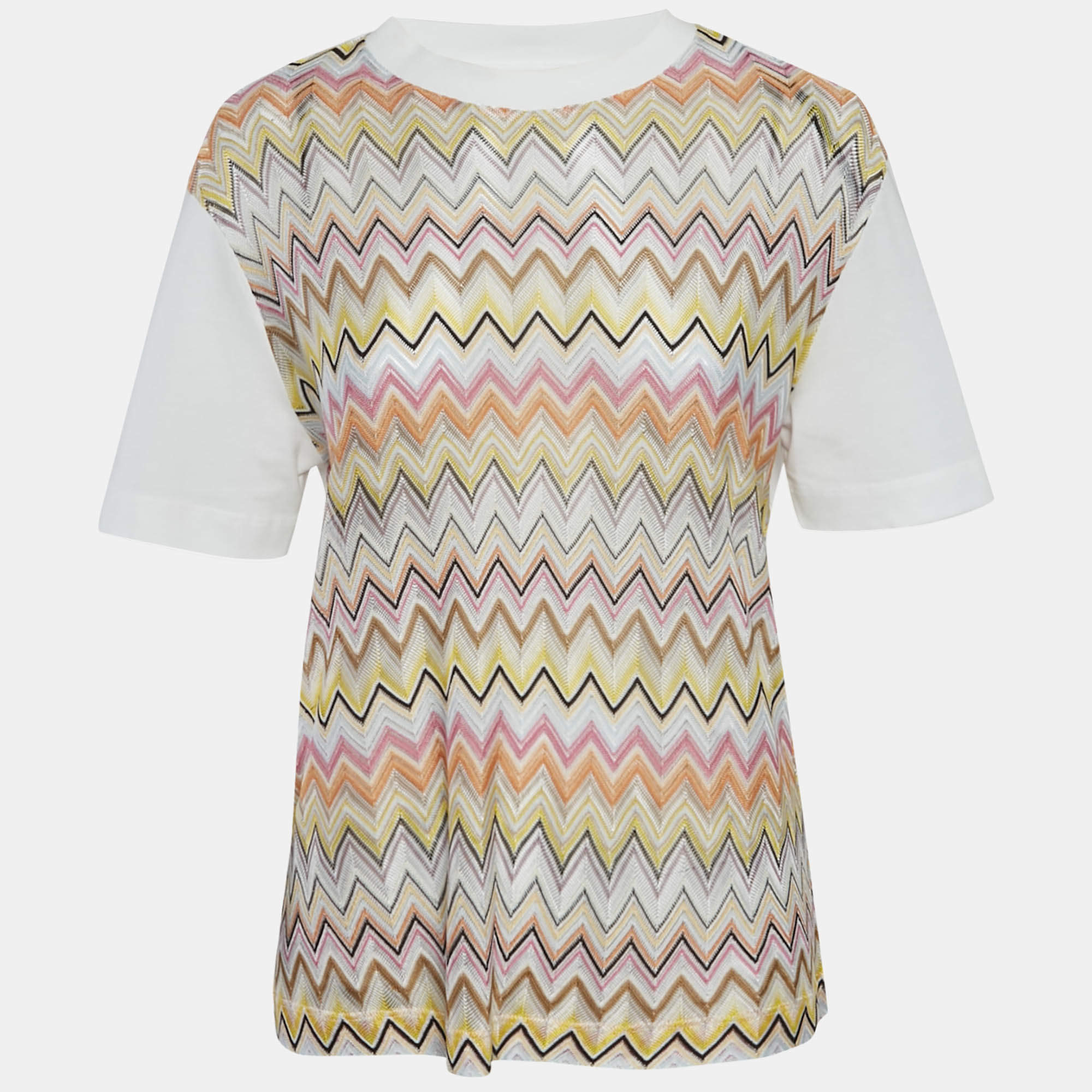 Missoni Multicolor Zigzag Raschel Pattern Knit and Jersey Top M