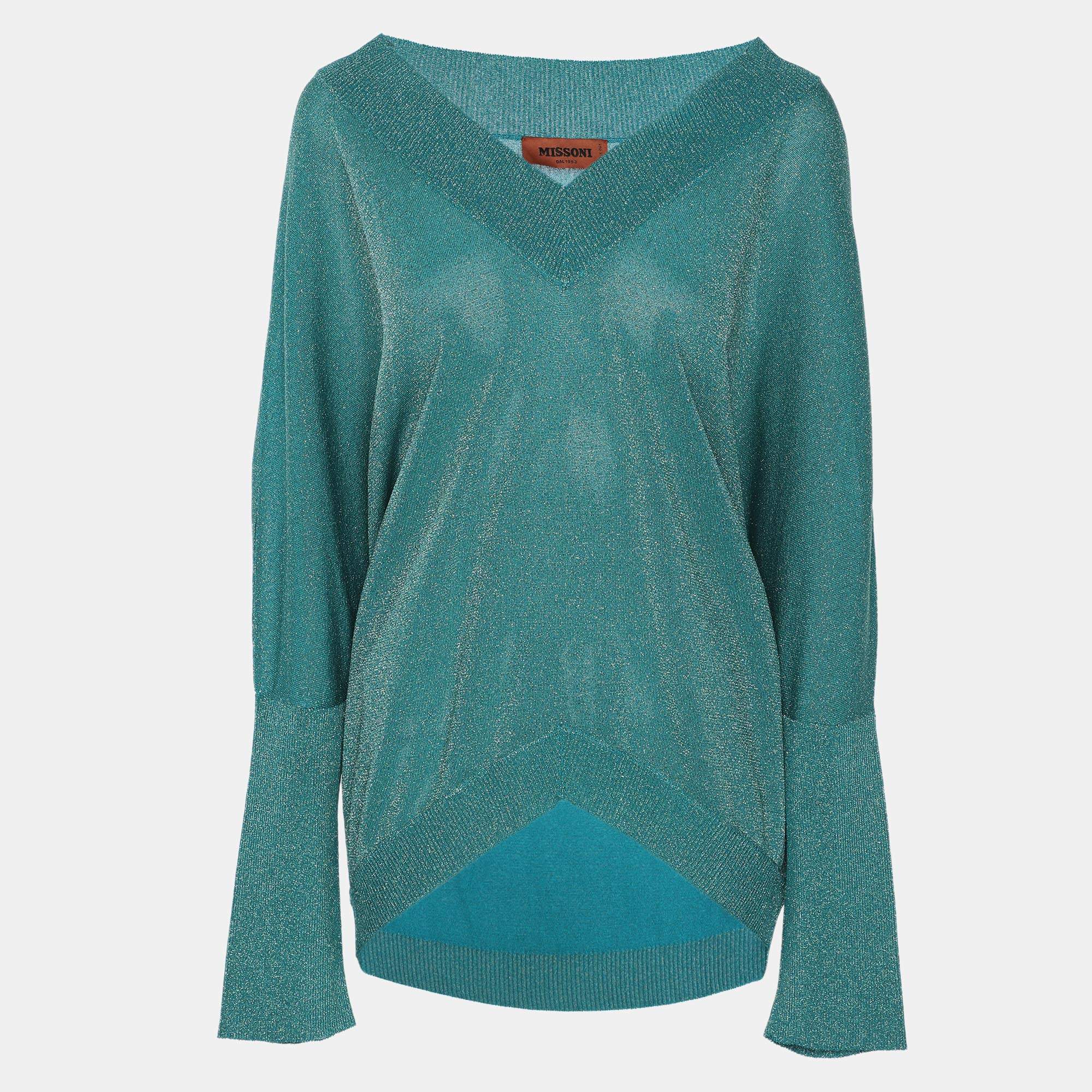 Pre Owned Missoni Metallic Lurex Knit Long Sleeve V Neck Tops M