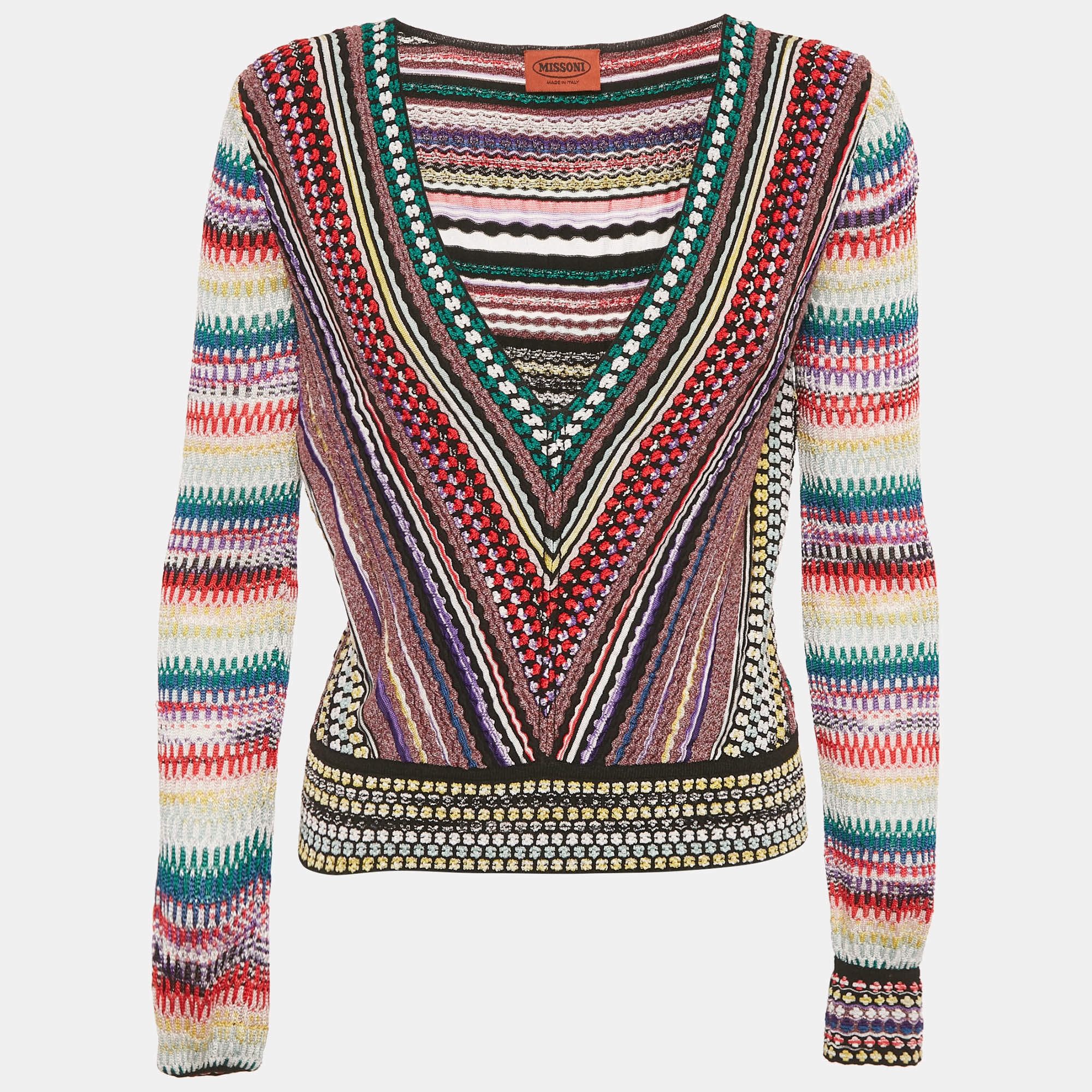 مملوكة مسبقًا Missoni Multicolor Textured Knit V-Neck Pullover M