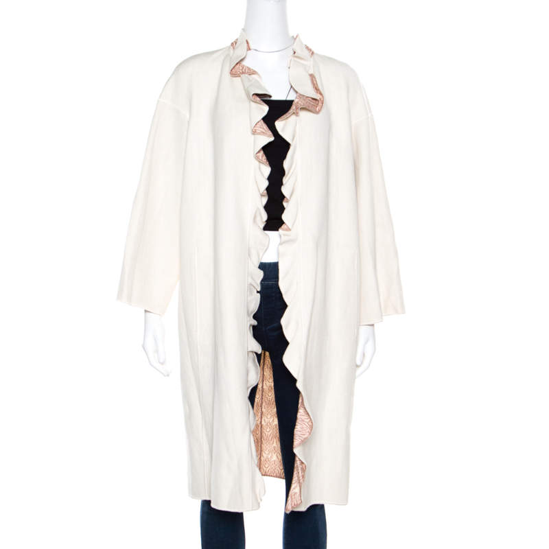 Missoni Off White Silk and Linen Blend Ruffle Detail Contrast Lined Long Coat M