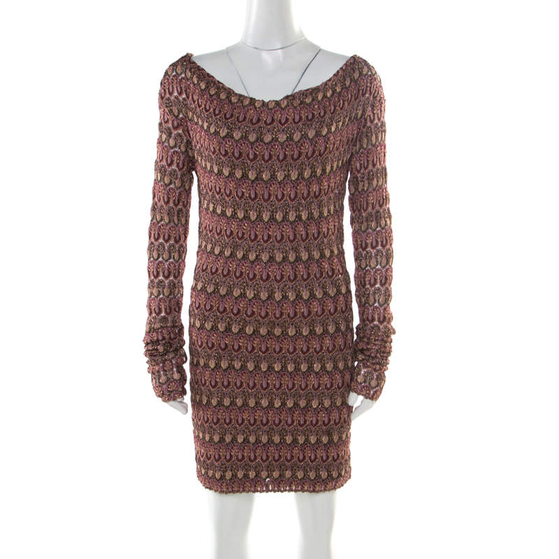 Pre Owned Missoni Burgundy Flame Patterned Knit Off Shoulder Knit Dress M