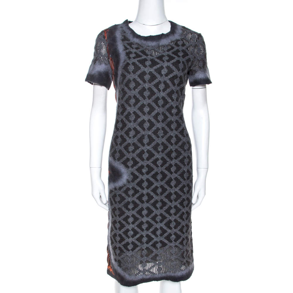 Pre Owned Missoni Grey Abstract Patterned Eyelet Knit Shift Dress S