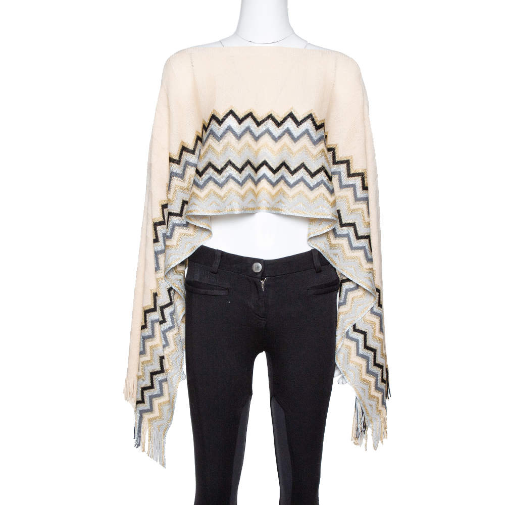 Pre Owned Missoni Cream Lurex Chevron Wool Knit Poncho (One Size)