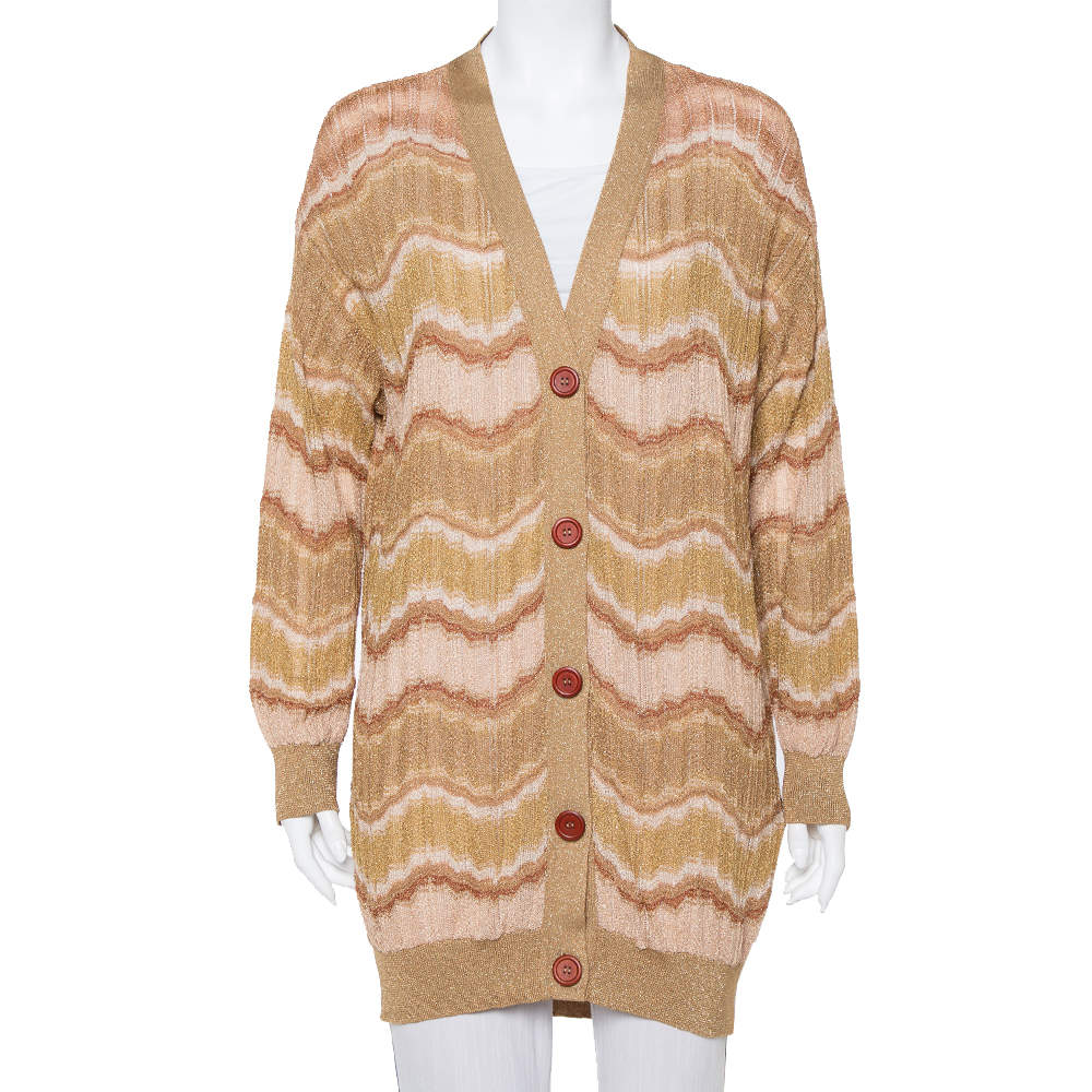 Pre Owned M Missoni Gold Lurex Knit Wave Pattern Button Front Cardigan L