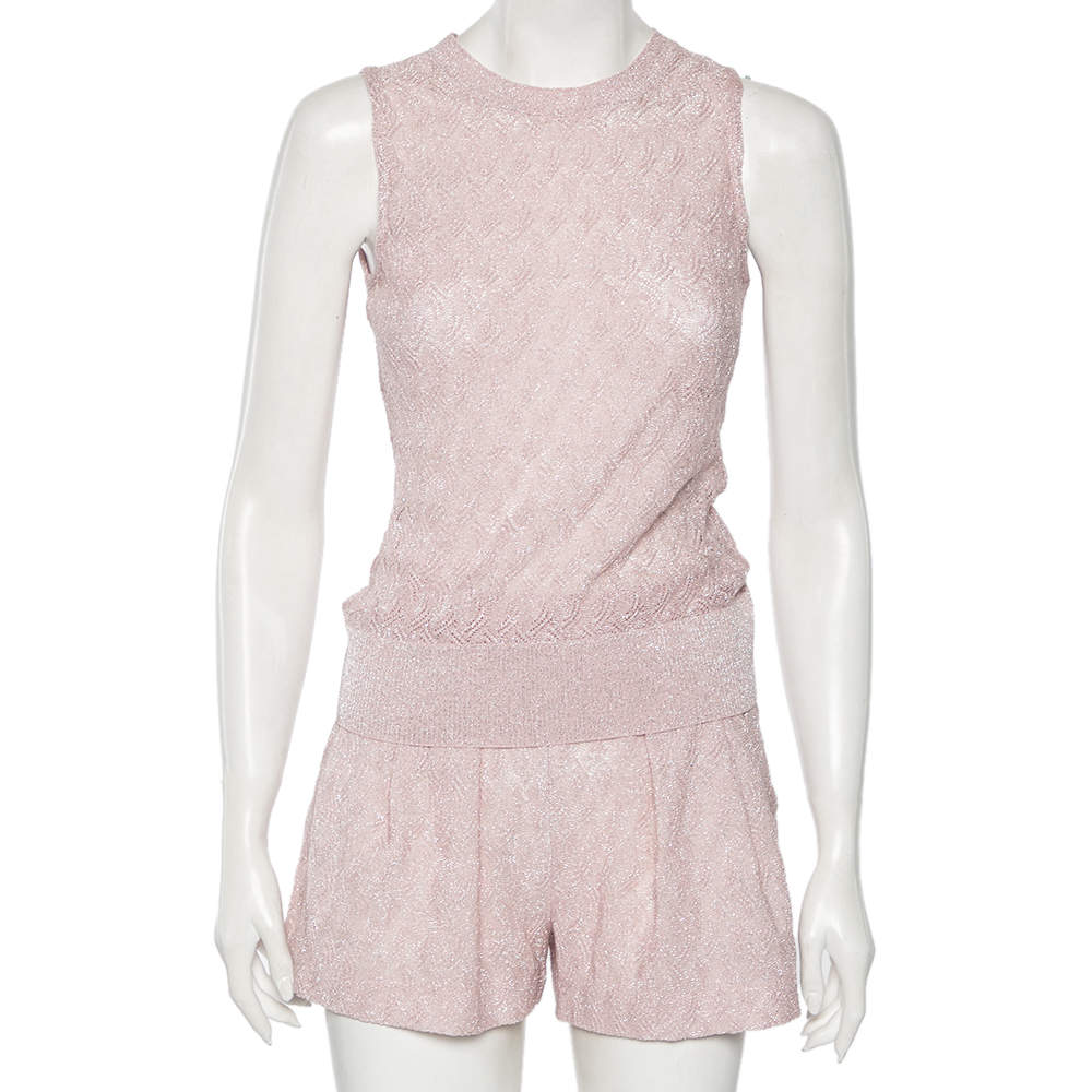 Pre Owned Missoni Pink Patterned Lurex Knit Sleeveless Top & Pleated Shorts Set S