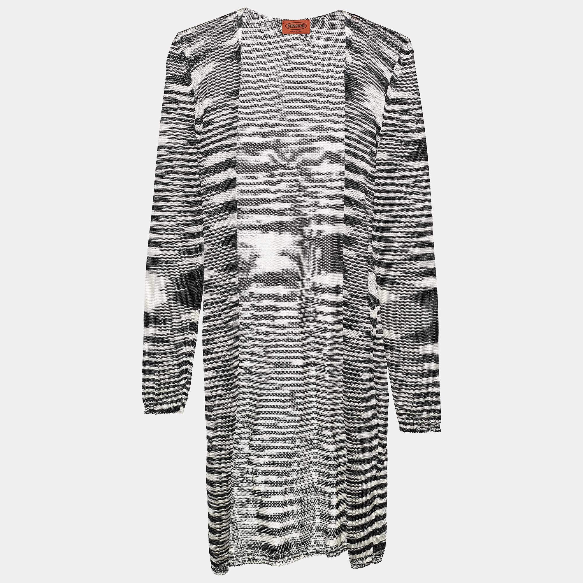 Pre Owned Missoni Monochrome Crochet Knit Open Front Long Cardigan M