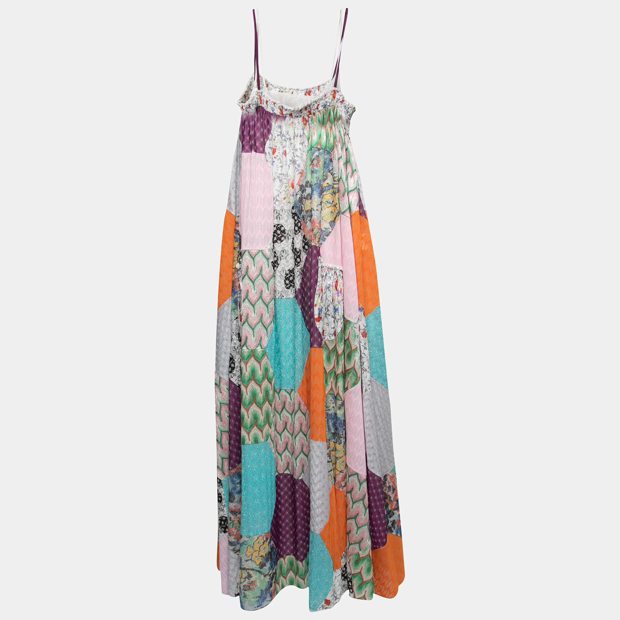 Pre Owned Missoni Multicolor crochet-knit Patchwork-Effect Metallic Strappy Maxi Dress L