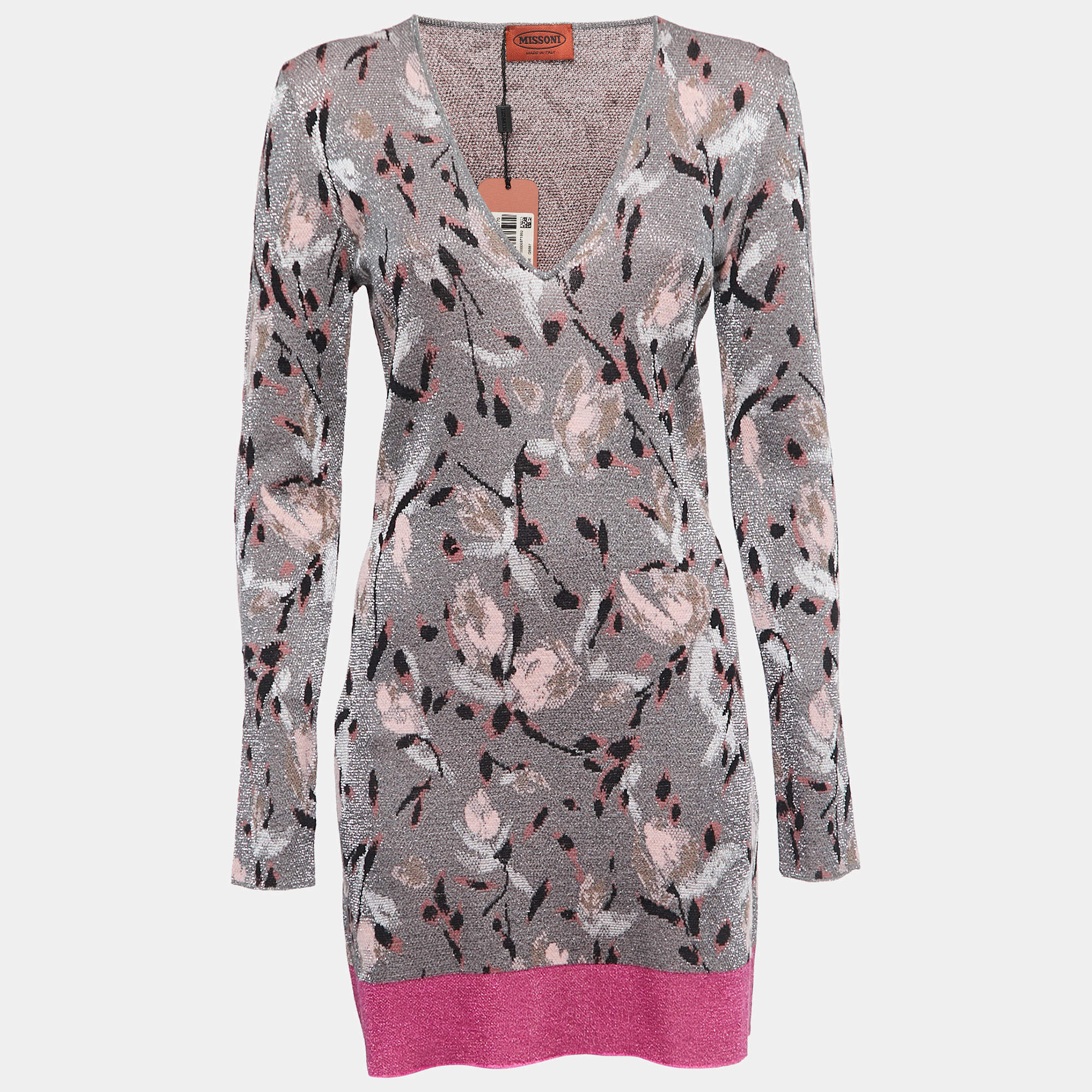 Pre Owned Missoni Grey Patterned Lurex Knit Long Sleeve Mini Dress M