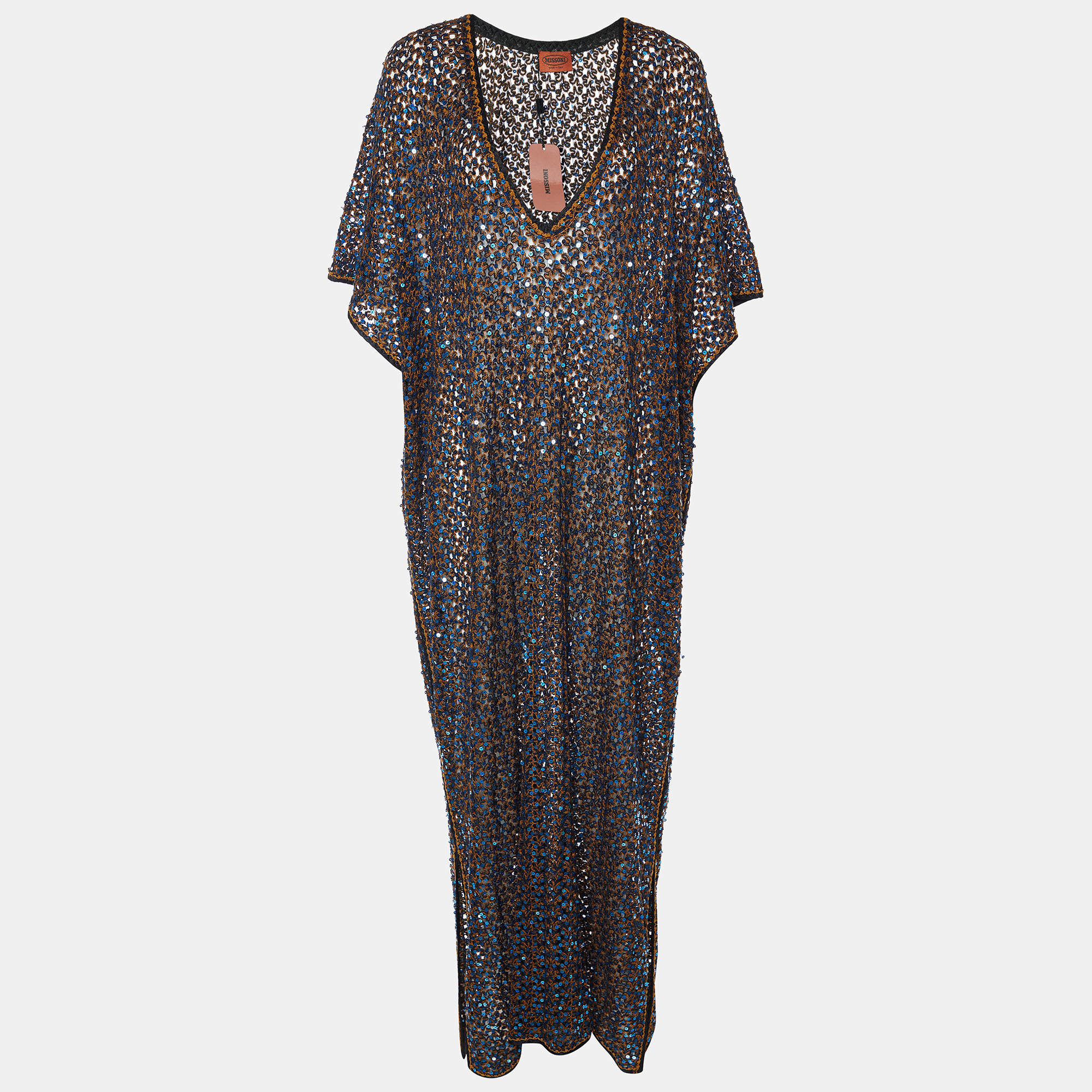 Pre Owned Missoni Sequined Crochet Knit Wool Blend Kaftan Dress L