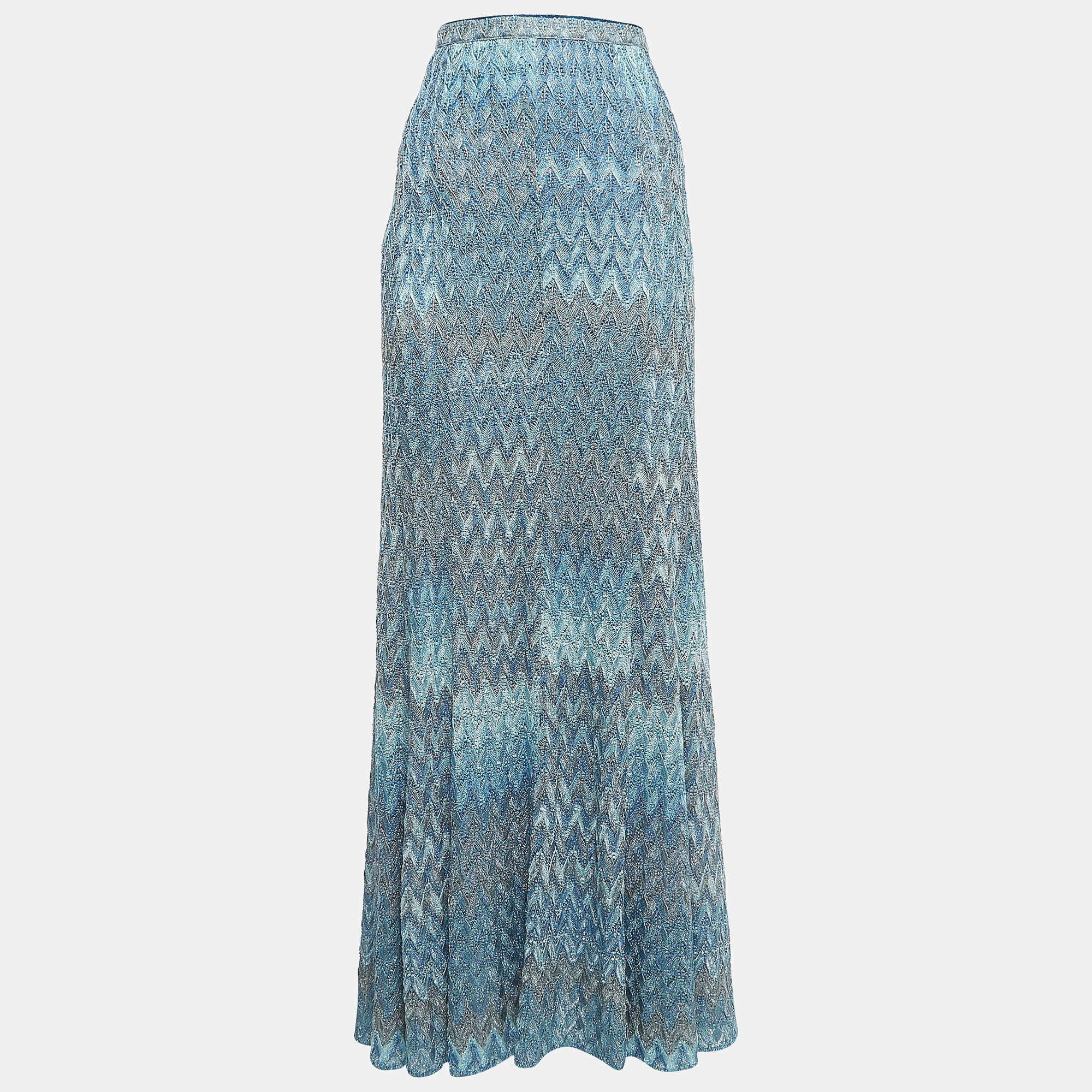 Missoni Metallic Blue/Silver Patterned Knit Maxi Skirt M