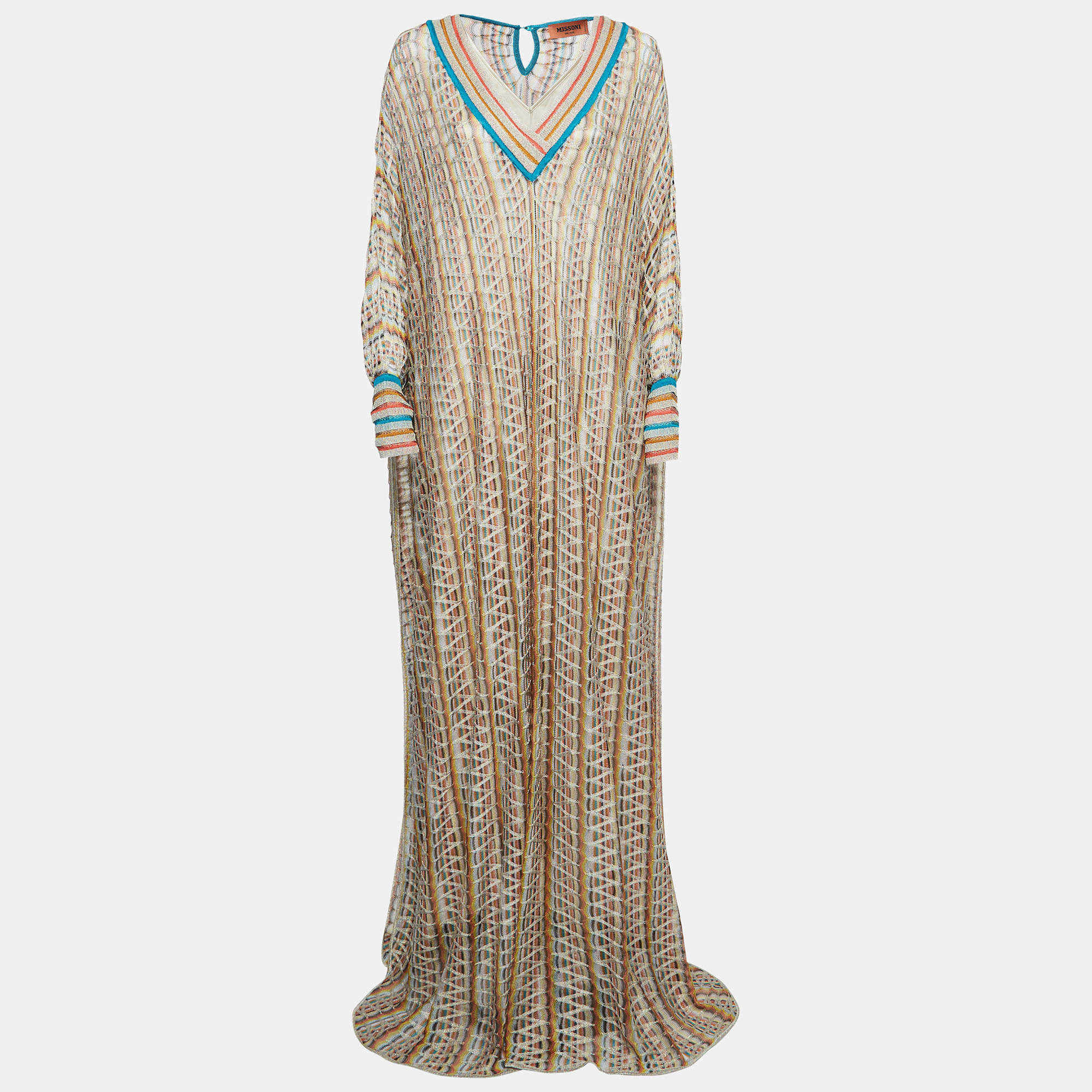 Pre Owned Missoni Multicolor Chevron Pattern Knit Maxi Kaftan Dress L