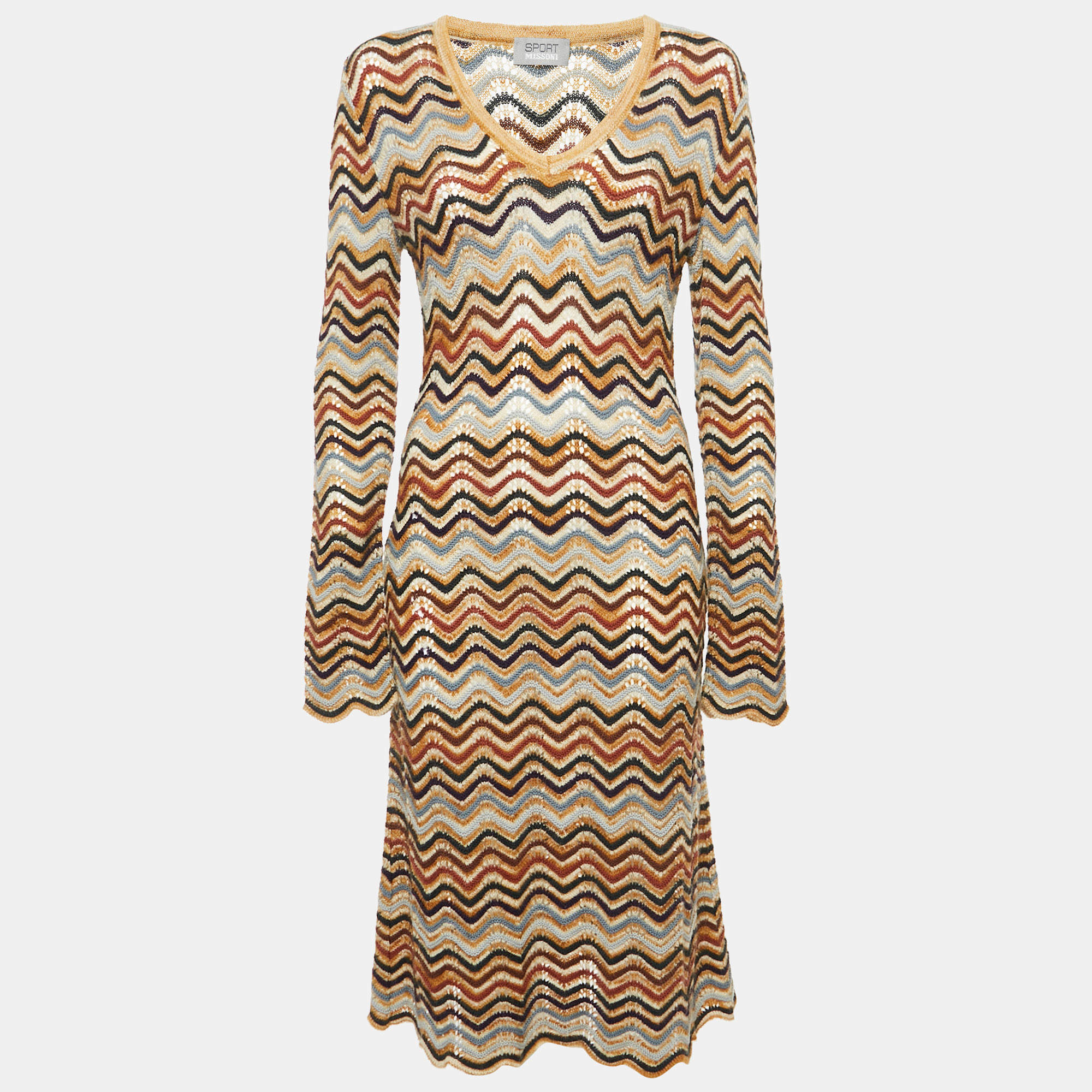 Missoni Sport Vintage Brown Chevron Crochet Midi Dress L