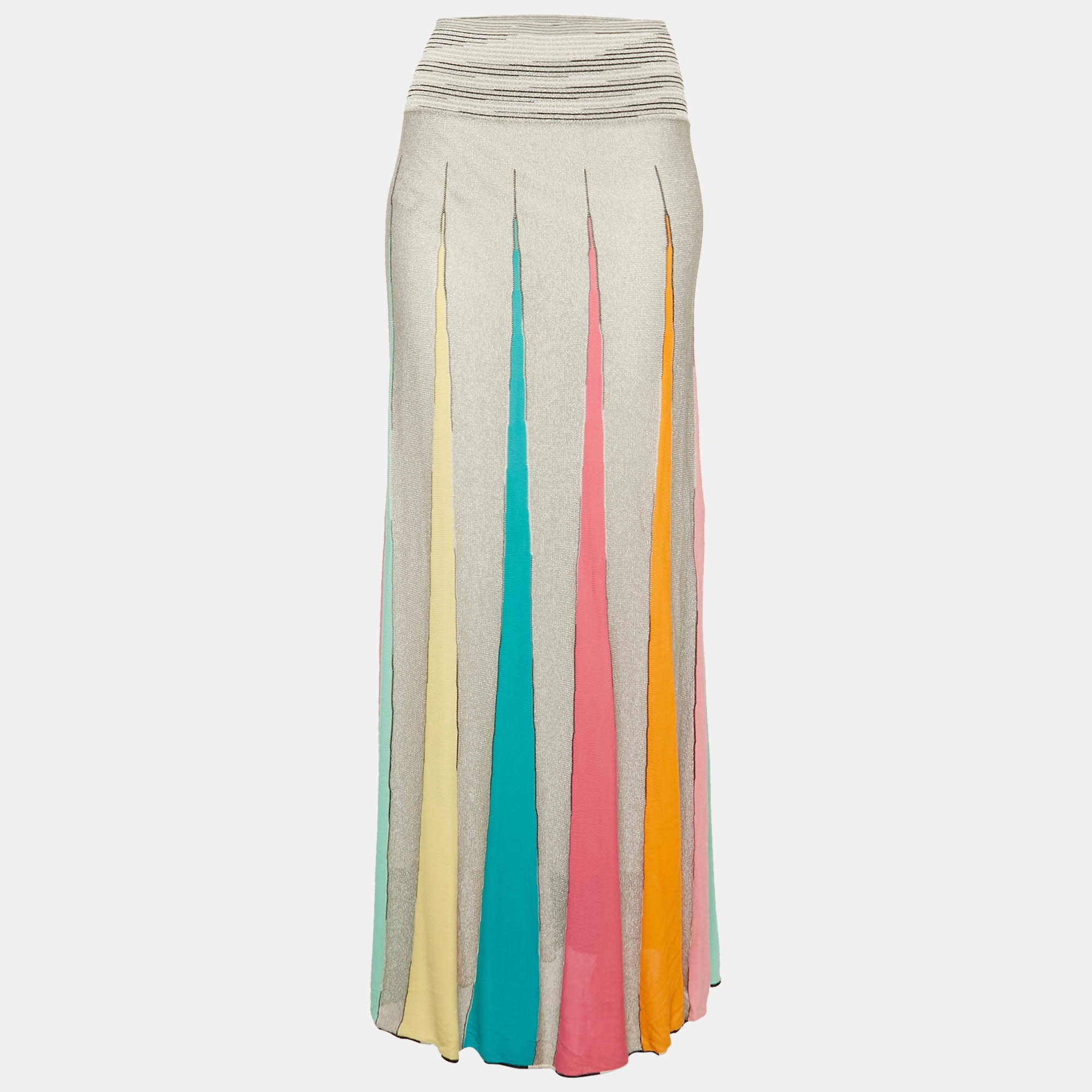 Pre Owned Missoni Sport Grey Striped Knit Flared Maxi Skirt M