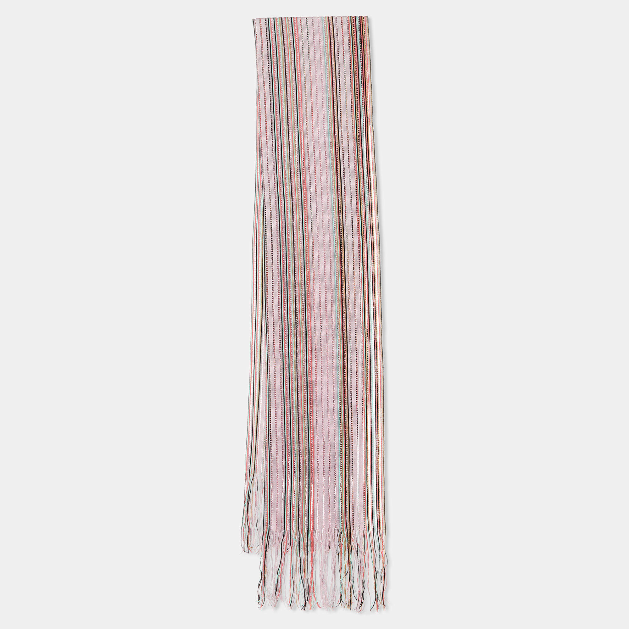 Pre Owned Missoni Pink Striped Lurex & Wool Fringed Stole 