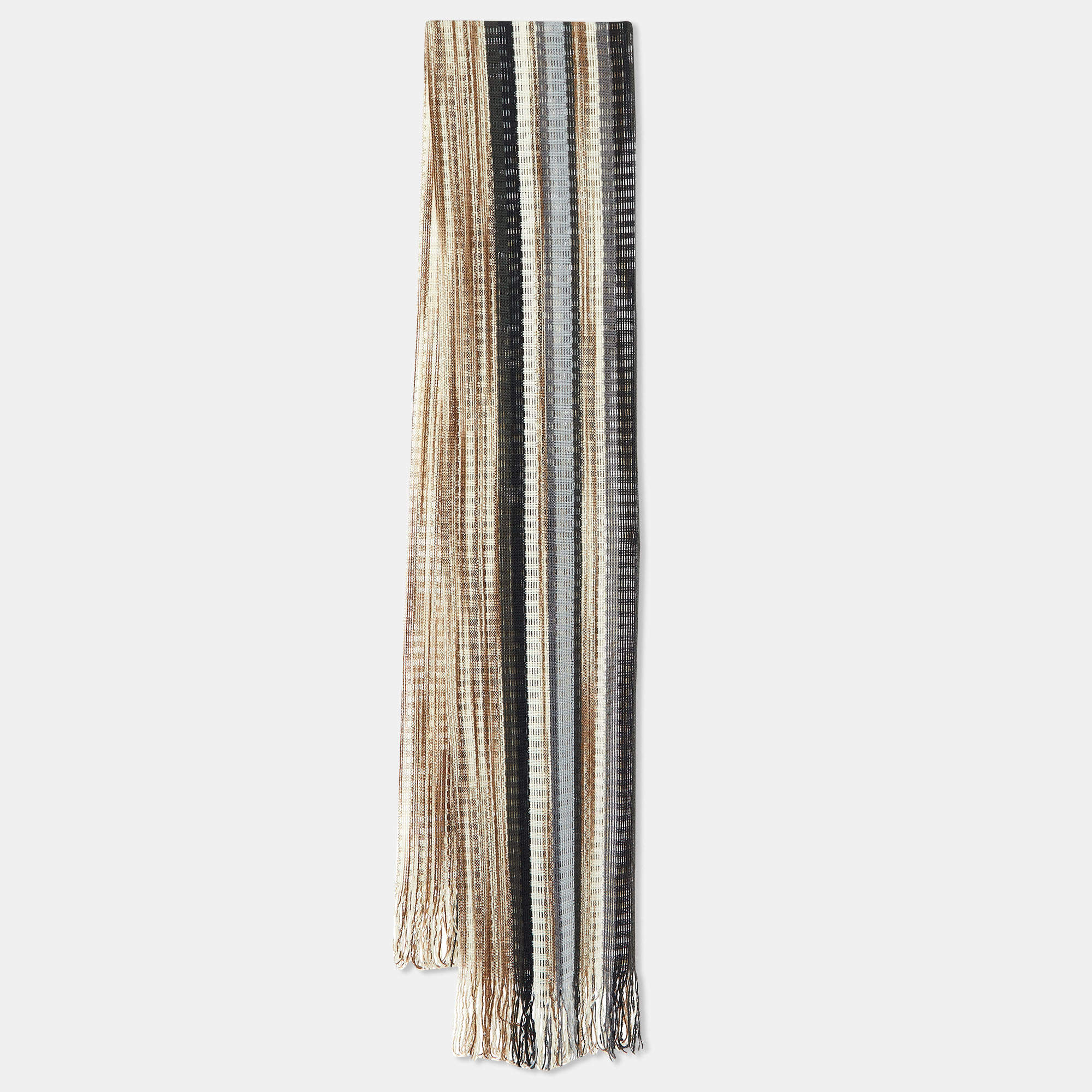 Missoni Beige/Black Striped Lurex & Wool Knit Fringed Stole 