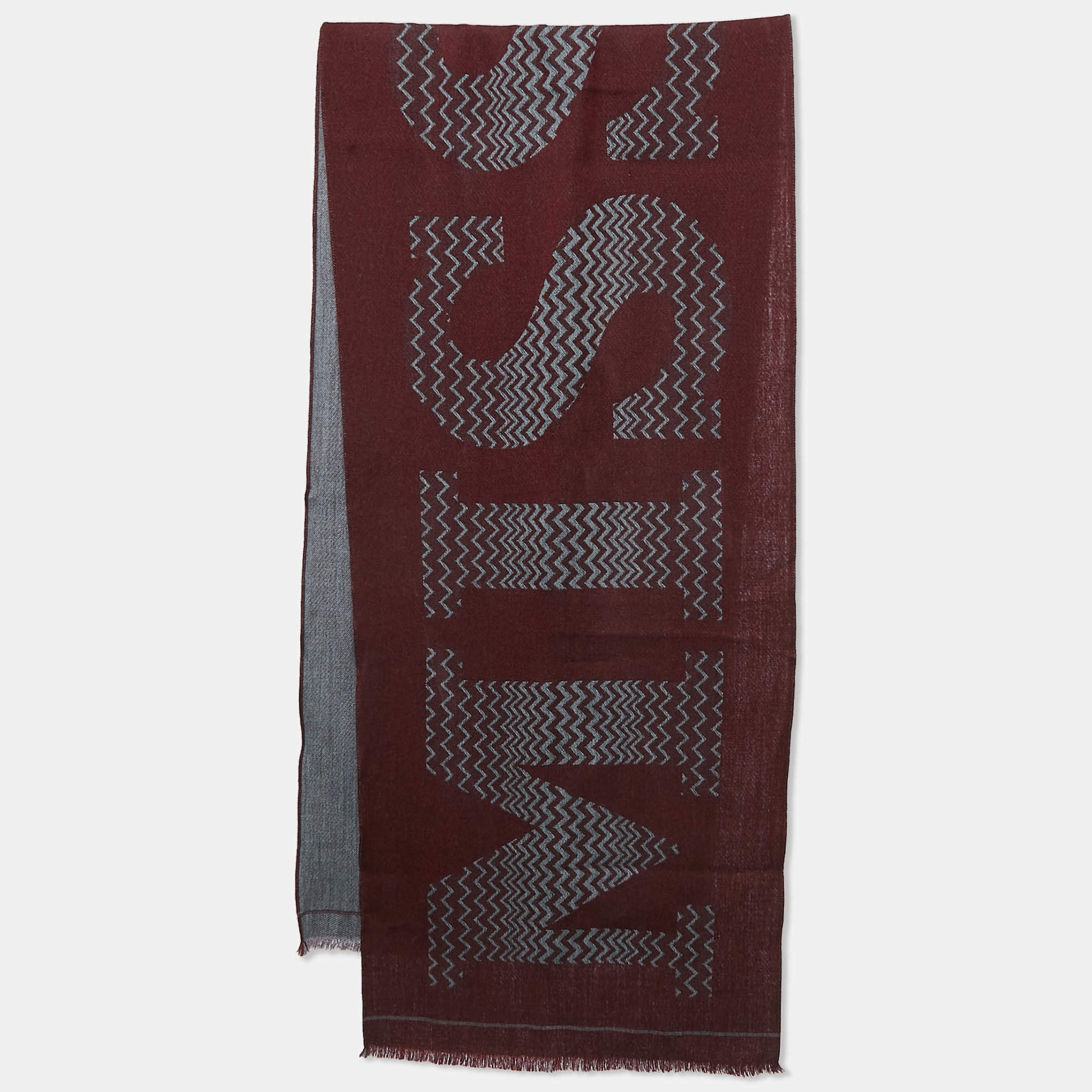 Pre Owned Missoni Burgundy Logo Patterned Wool Fringed Scarf