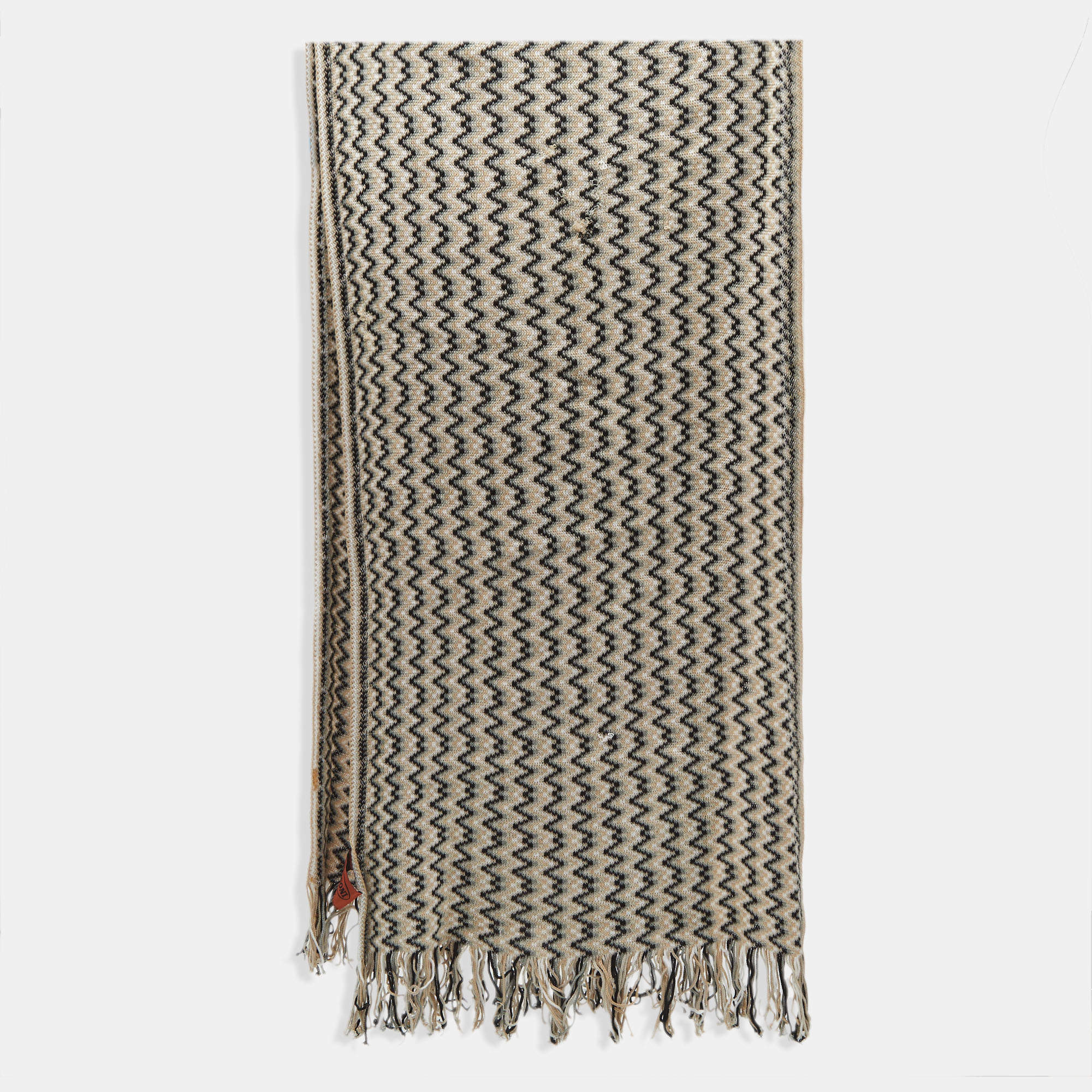 Pre Owned Missoni Beige/Black Zig Zag Crochet Scarf 