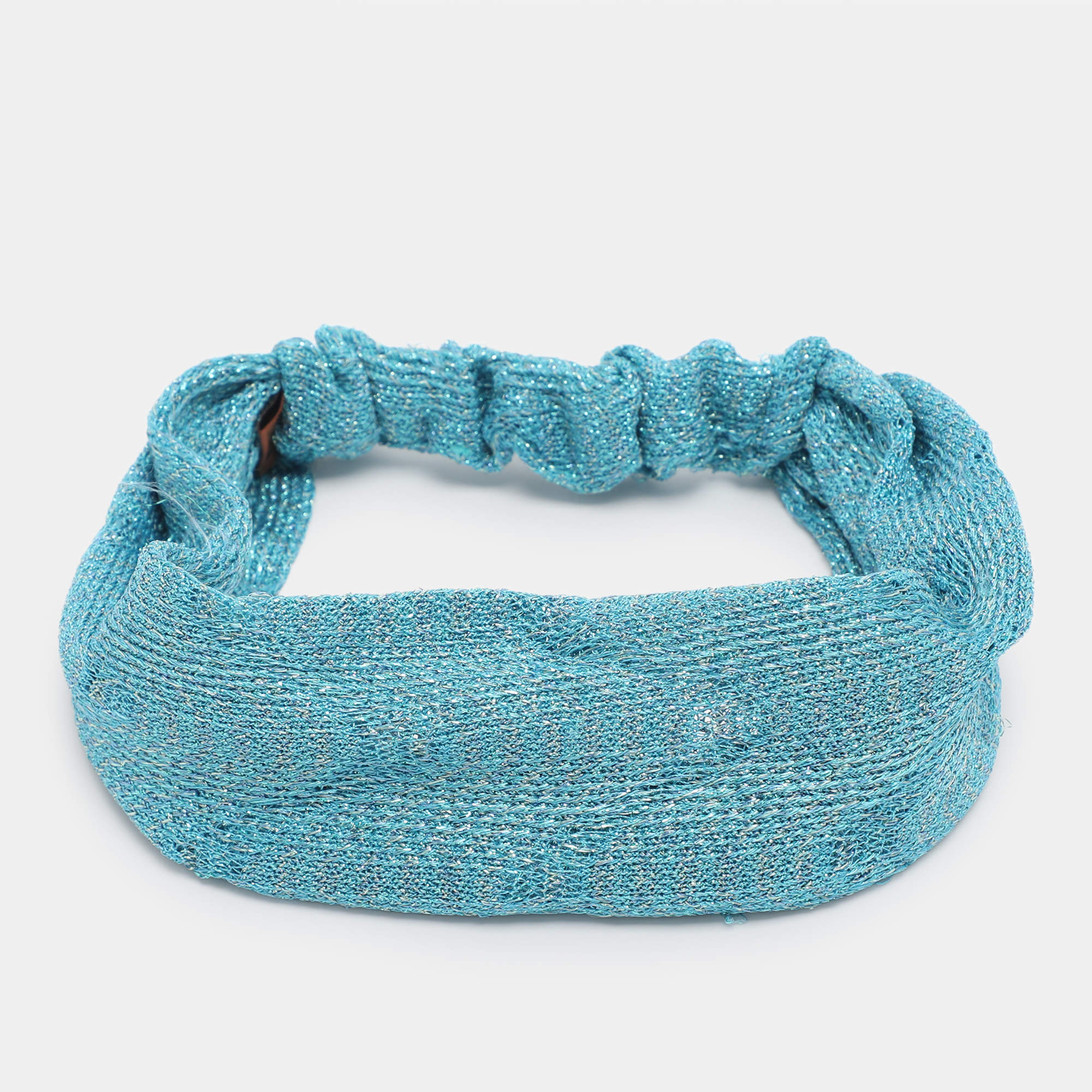 Pre Owned Missoni Metallic Blue Knotted Crochet Knit Headband