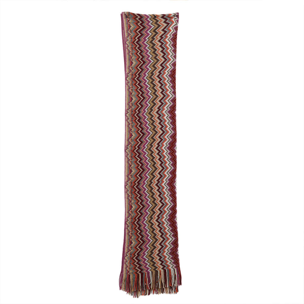 Pre Owned Missoni Multicolor Chevron Pattern Wool Knit Fringed Stole