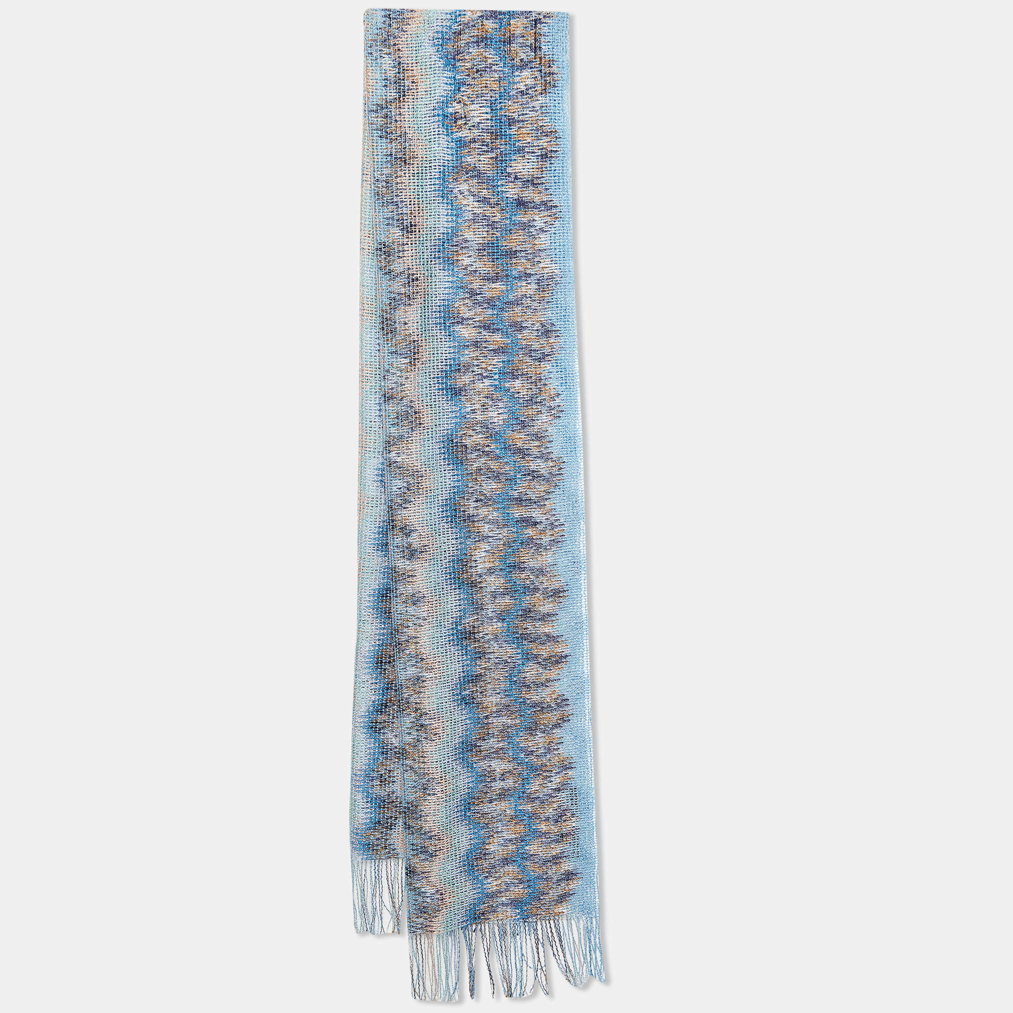 Pre Owned Missoni Vintage Blue Patterned Knit Fringed Scarf