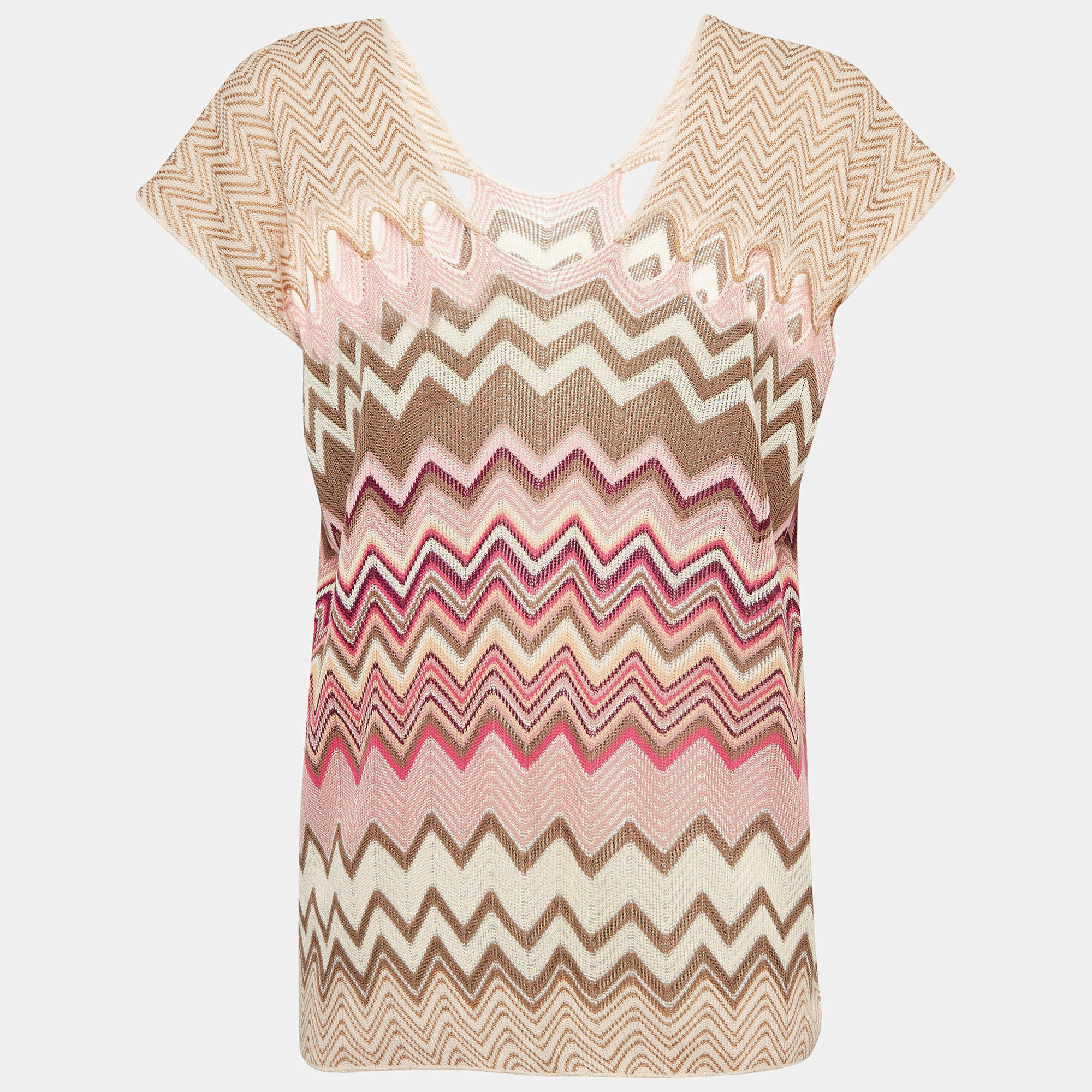 Pre Owned Missoni Pink Chevron Knit Cut-Out Detail Sheer Top M