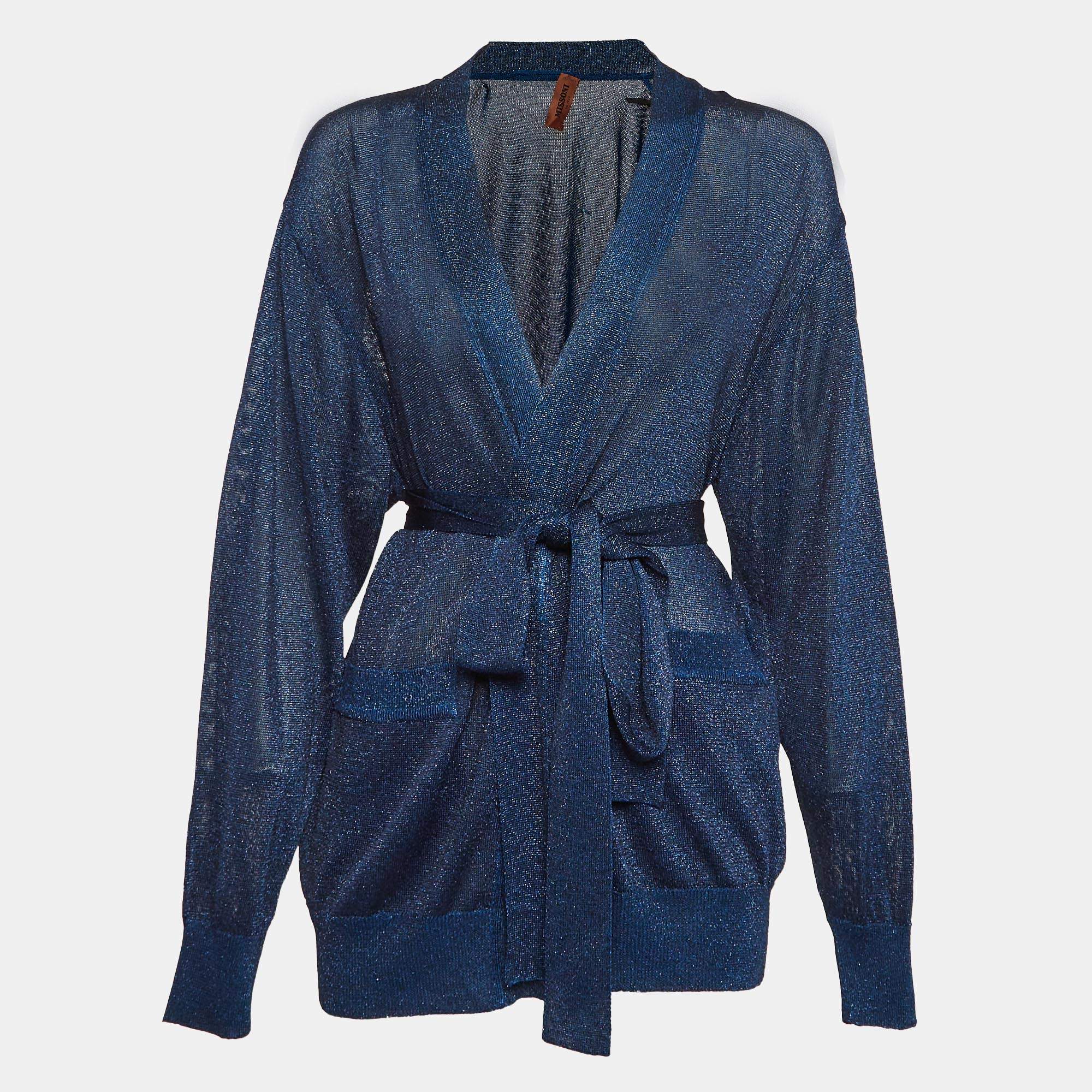 Missoni Blue Lurex Knit Open Front Cardigan M